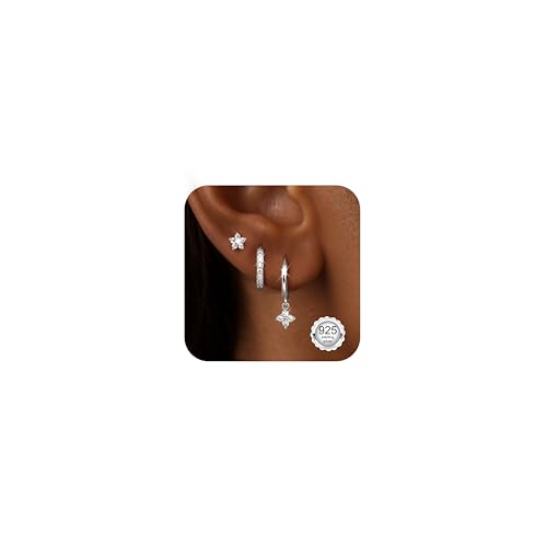 Detalle de Diamday 3 Pairs Sterling Silver Earrings for Women – Stud and Hoop Set