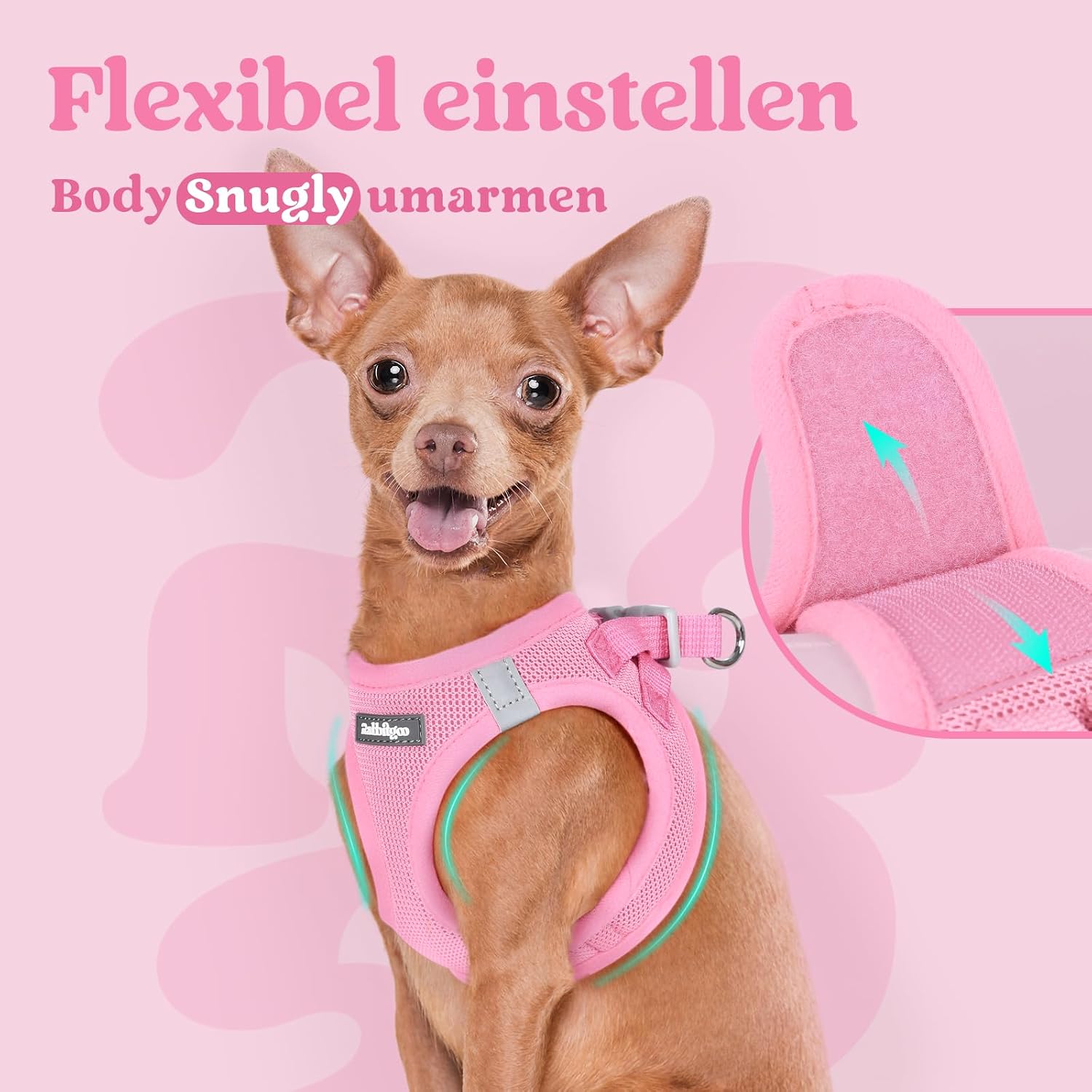 Detalle 2 de rabbitgoo Hundegeschirr für kleine Hunde (Step-in), weiches Mesh, reflektierend – Rosa, Größe XS