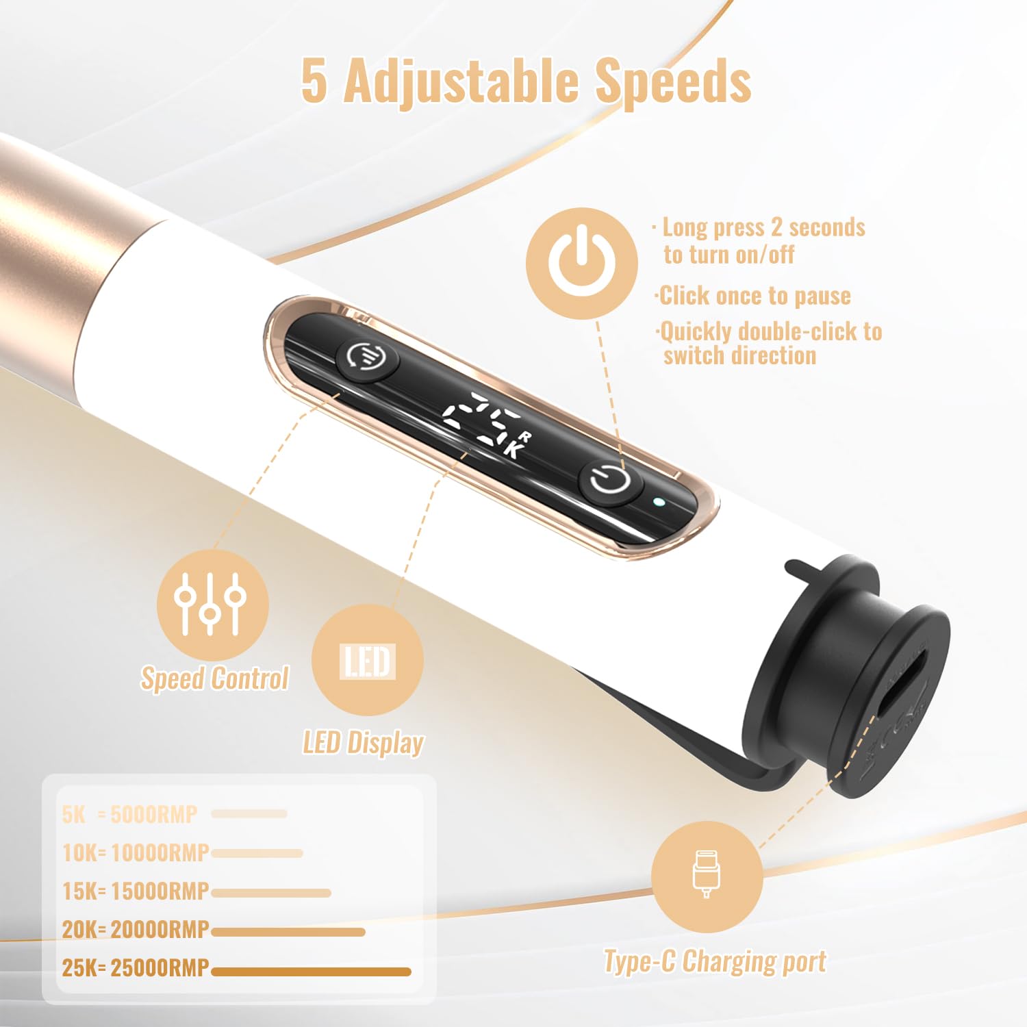 Detalle 2 de Denabuty DN-2502Y Nagelfräser kabellos 12-in-1 mit USB-Akku und 5 Geschwindigkeiten