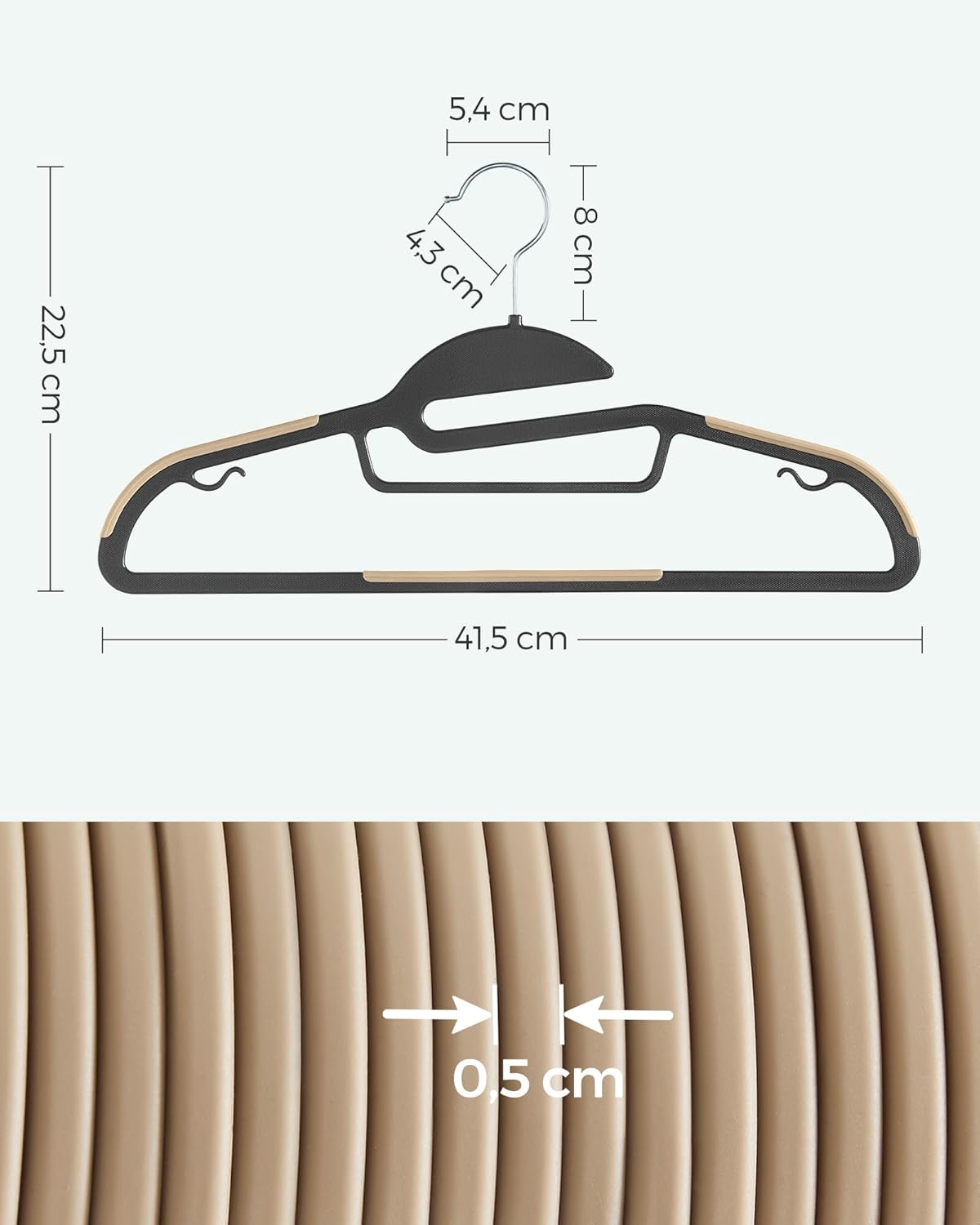 Thumbnail 5 de SONGMICS Kleiderbügel aus Kunststoff (20er-Set) mit U-förmiger Öffnung, 360° drehbarer Haken, 0,5 cm dünn – schwarz-braun CRP041B02