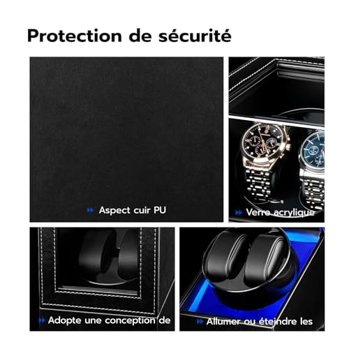 Detalle de Mcbazel Double Remontoir de Montre – Boîte à Montre à Double Position en Cuir PU, USB et LED bleue, 5 Modes