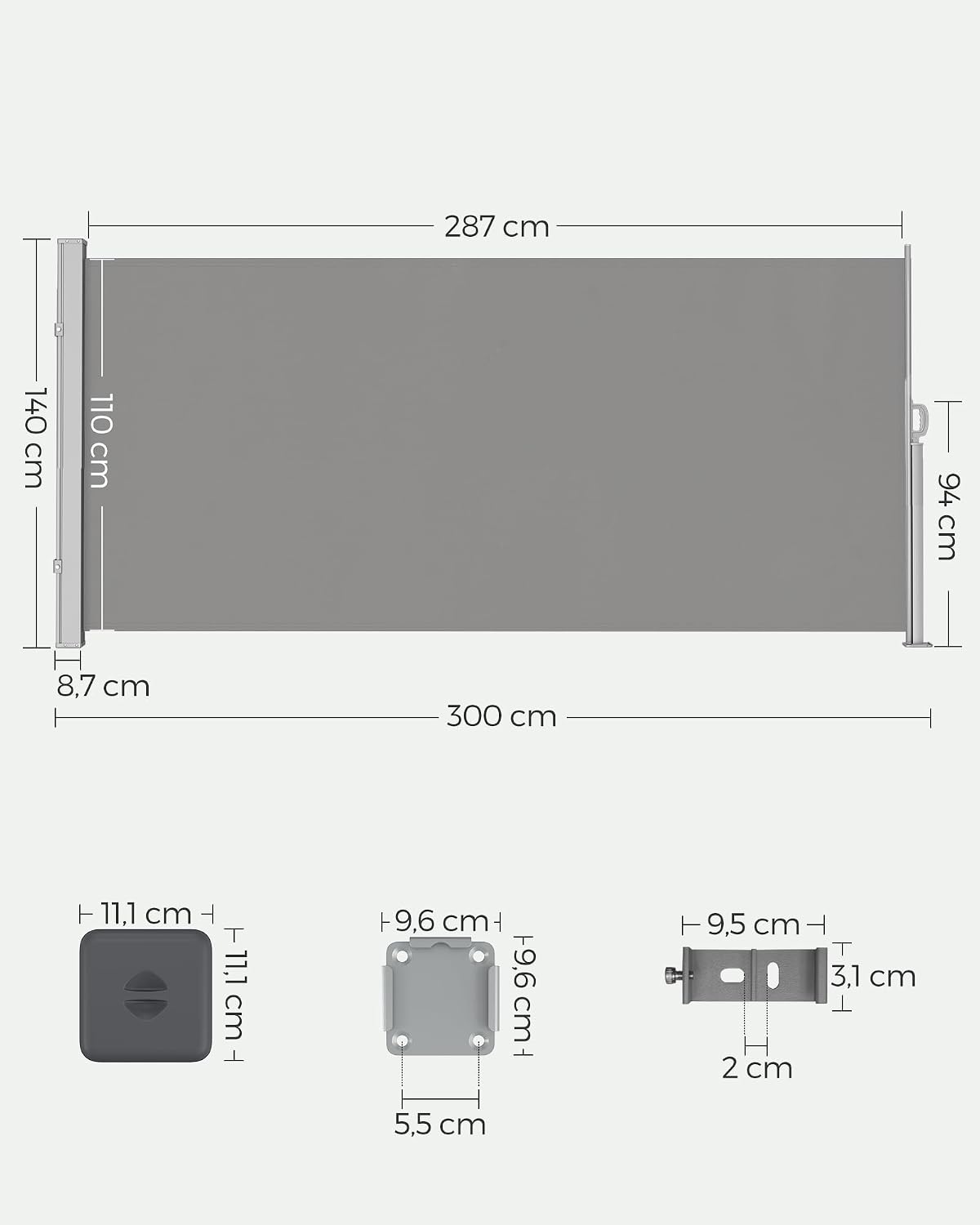 Detalle de SONGMICS Store latéral avec coffre en acier, brise-vue occultant extensible 140 x 300 cm (grise clair) GSA143G01