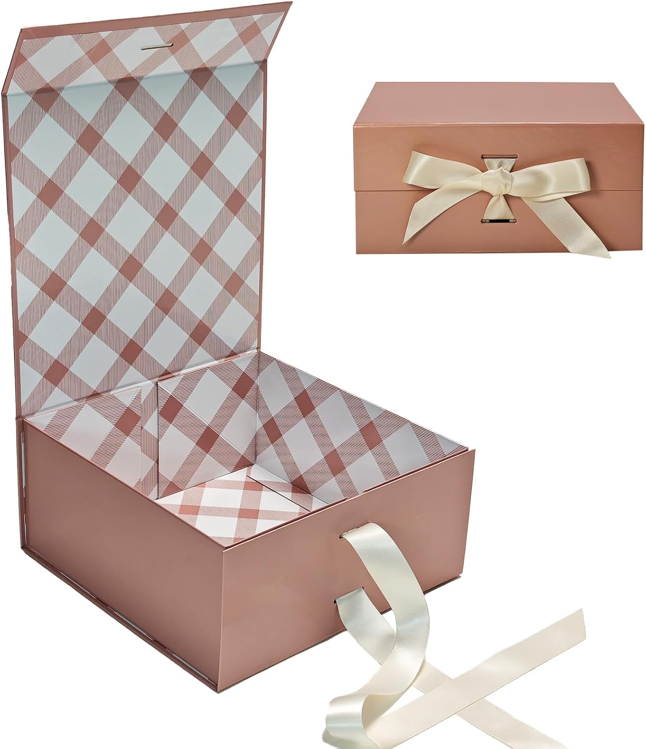Detalle de Tekhoho Scatola Regalo Oro Rosa 22x22x10 cm con coperchio magnetico e fodera plaid