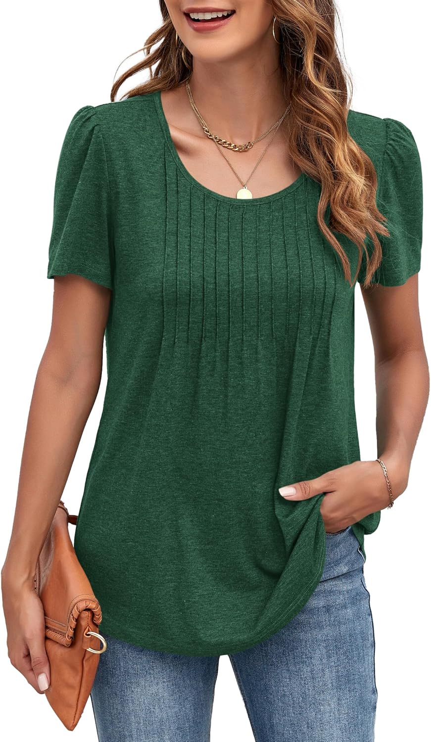 Thumbnail 1 de MOLERANI T Shirts for Women UK Round Neck Loose Casual Puff Short Sleeve Summer Tee Tops Front Pleated T Shirt