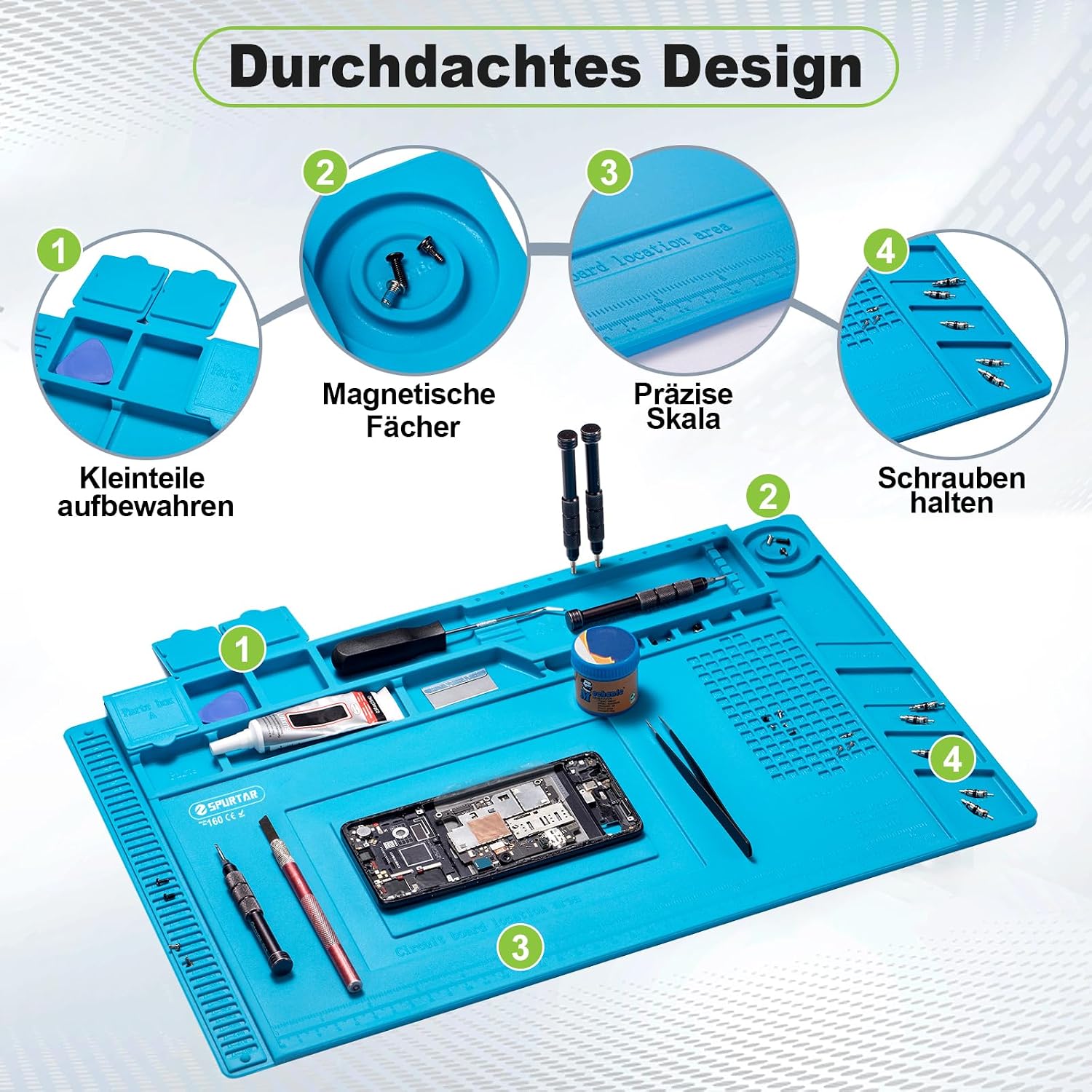 Detalle de Spurtar Lötmatte aus Silikon, 500℃ hitzebeständig – 45 x 30 cm Reparaturunterlage für Löten & Elektronik