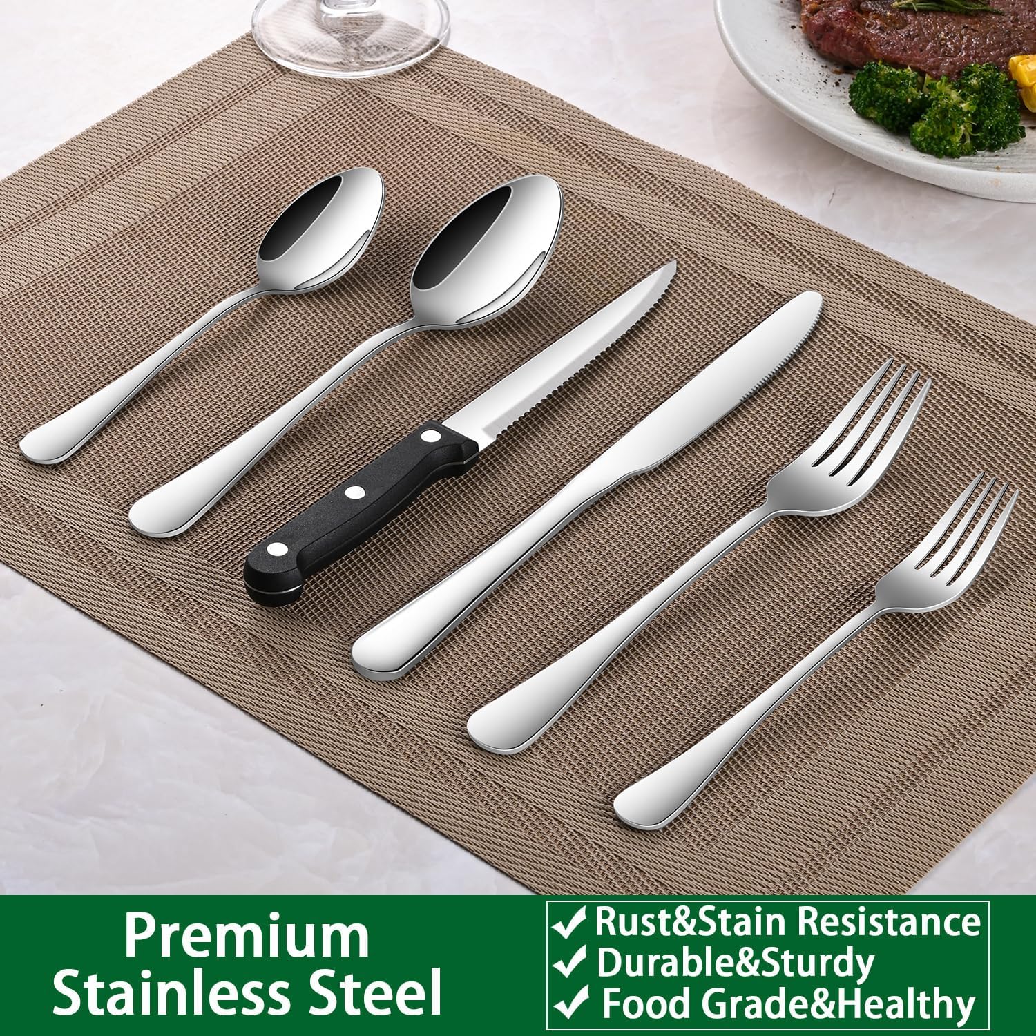 Detalle 2 de Dehov T1010 24-Piece Stainless Steel Flatware Set with Steak Knives