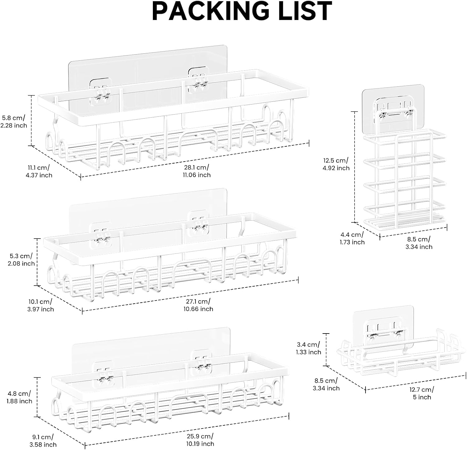 Detalle 2 de Deyhoc 5 Pack Rustproof Stainless Steel Shower Caddy with Adhesive - No Drilling