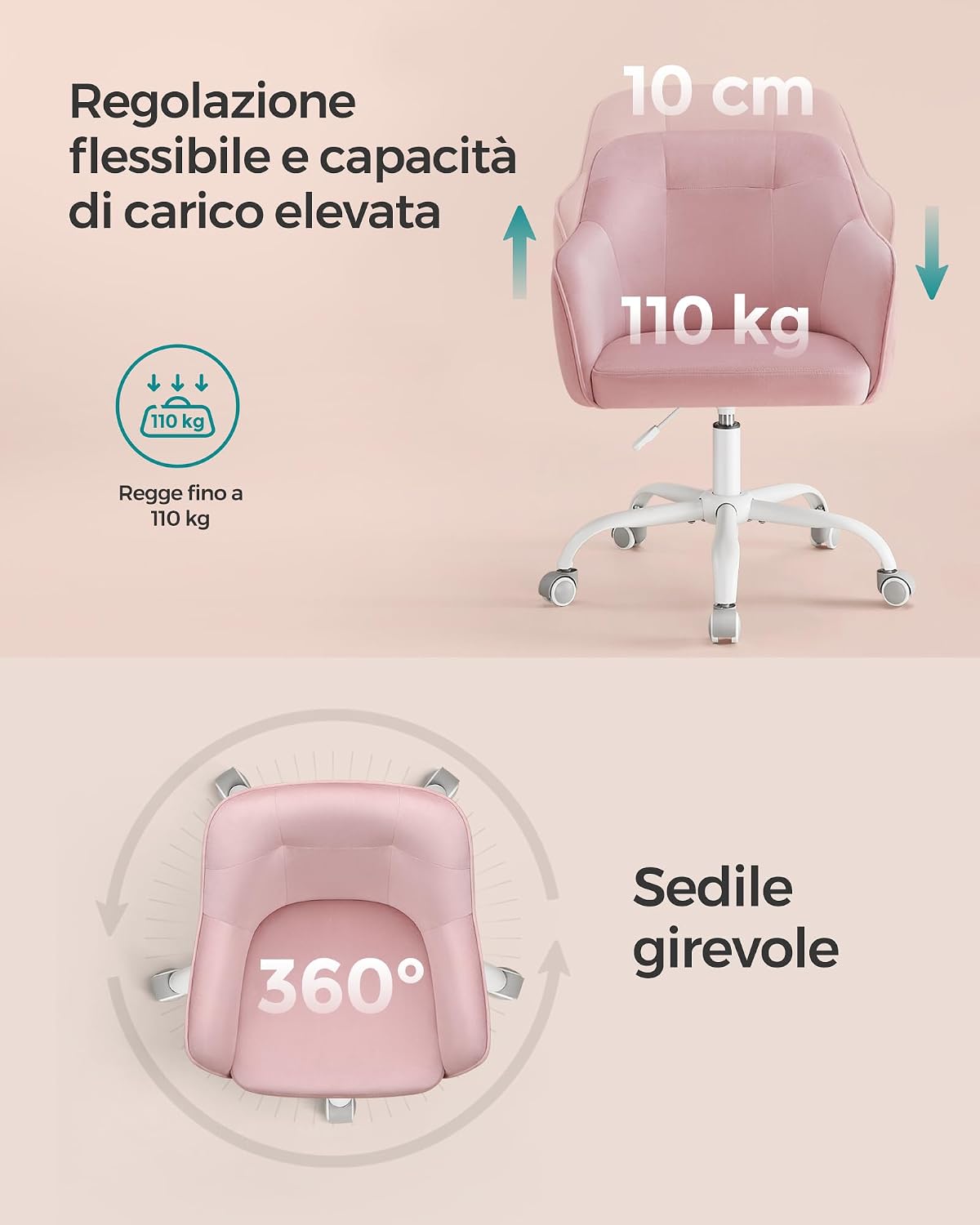 Thumbnail 6 de SONGMICS Sedia da Studio in Casa OBG019P02: Sedia Girevole Regolabile in Altezza, 110 kg, Rivestimento in velluto, Rosa gelatina