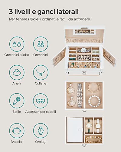 Detalle de SONGMICS Scatola Portagioie a 3 livelli – Portagioie con mini box removibile, chiusura a chiave e maniglia frontale, PU Bianco Nuvola / foderato beige
