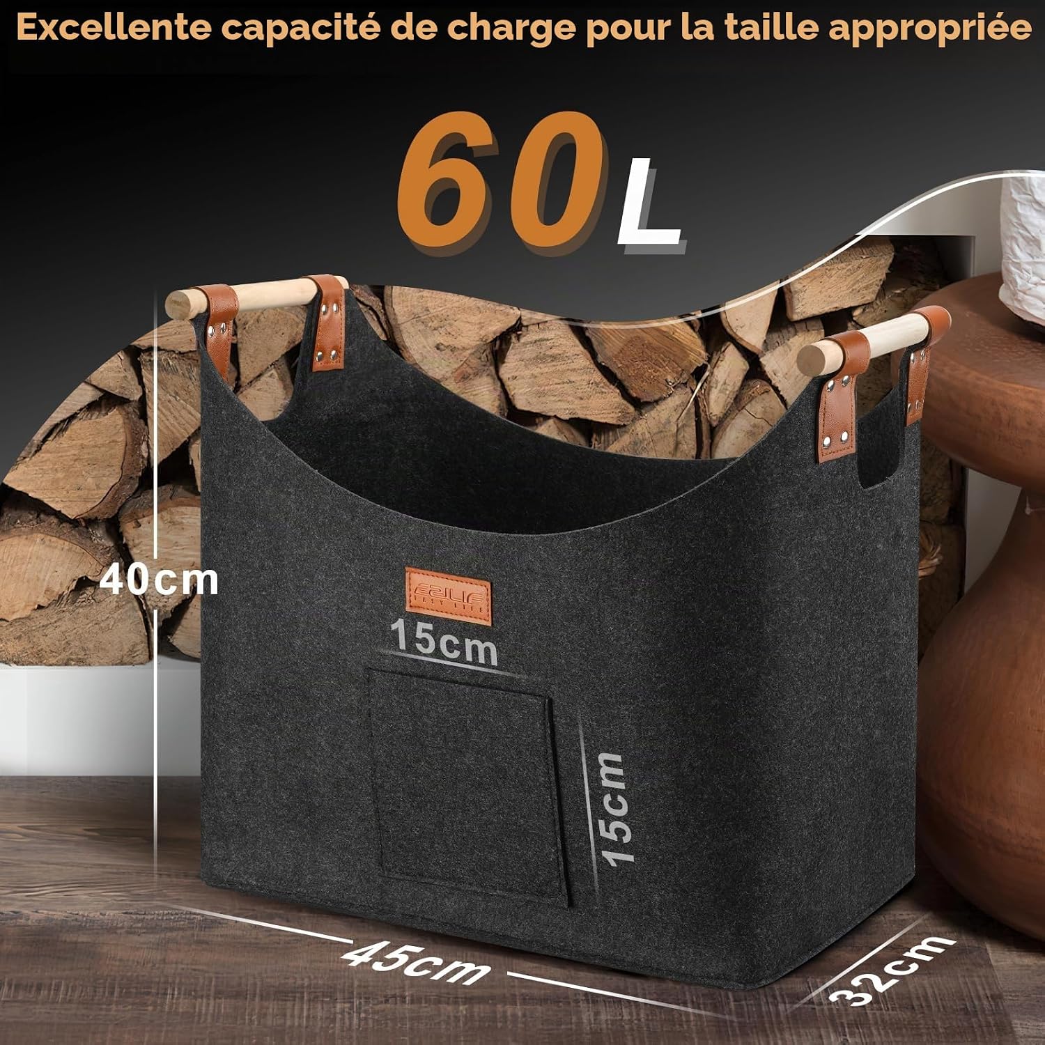 Detalle 2 de Ezilif EZ60L XL-houtmand van vilt, 60 liter, met houten handgrepen