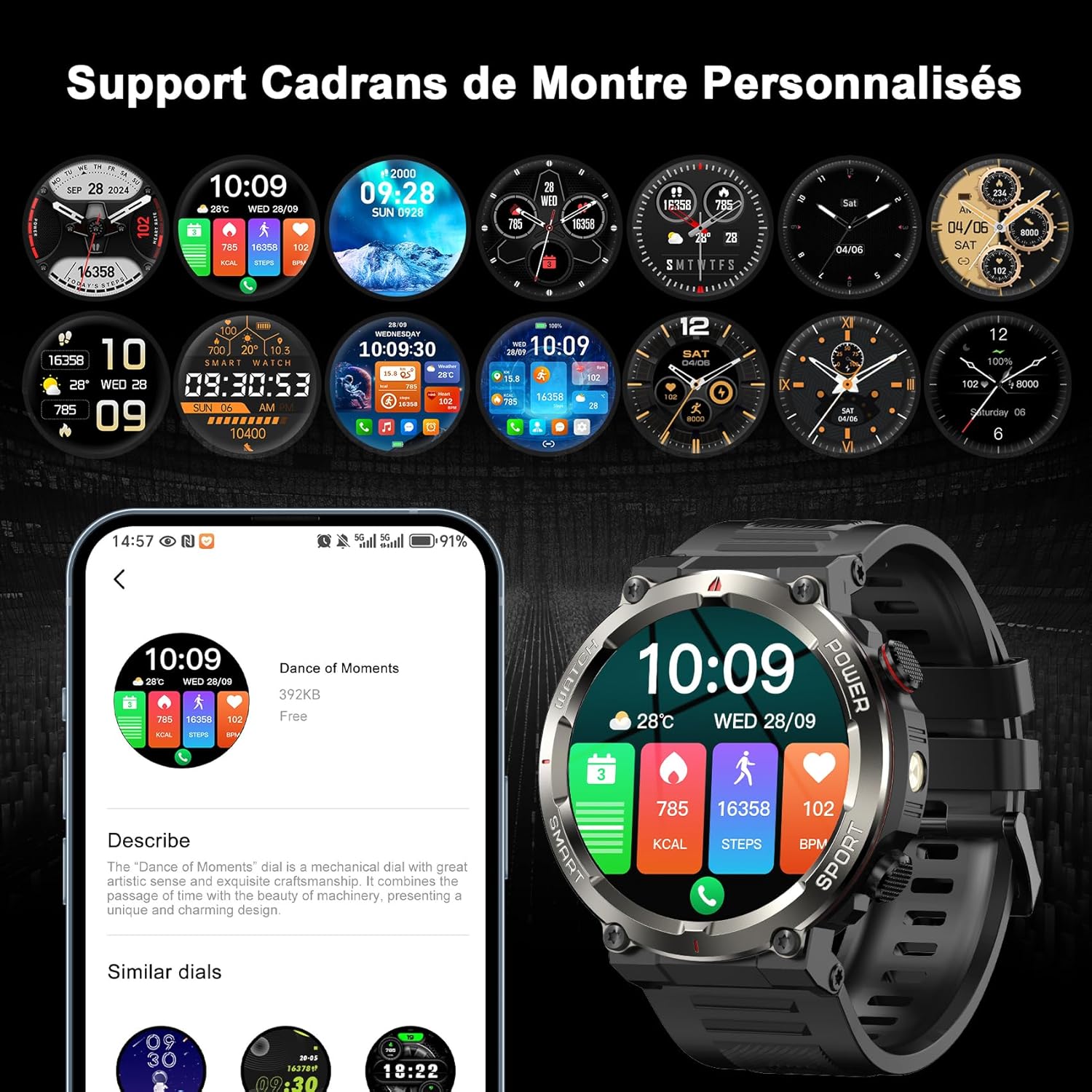 Detalle 2 de IOWODO Montre Connectée Homme : 120+ modes sportifs, IP68 et éclairage LED intégré