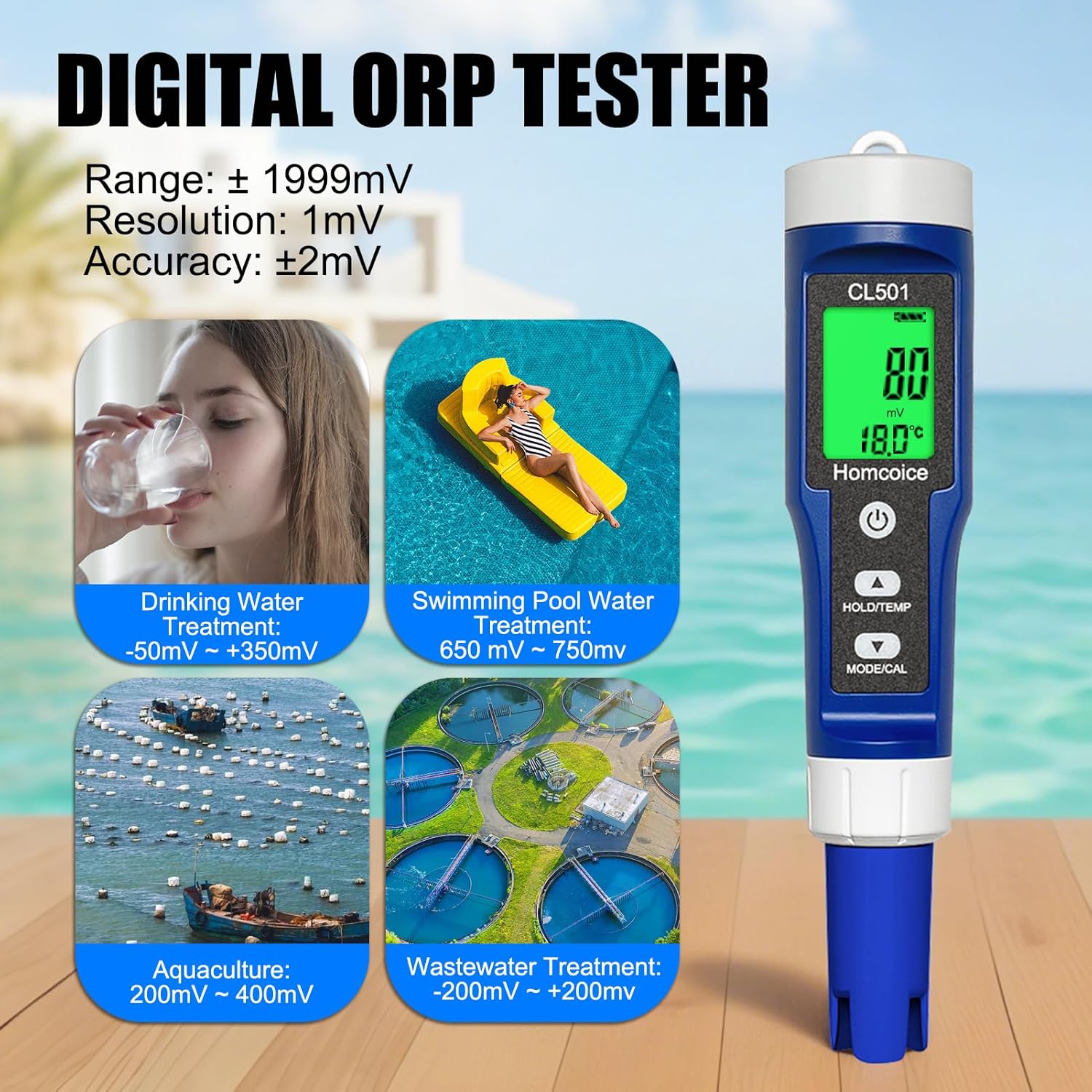 Thumbnail 5 de Homcoice 5-in-1 Pool-Wasserqualitätsmessgerät: pH, freies Chlor, ORP/Redox, Wasserstoff (H₂) & Temperatur