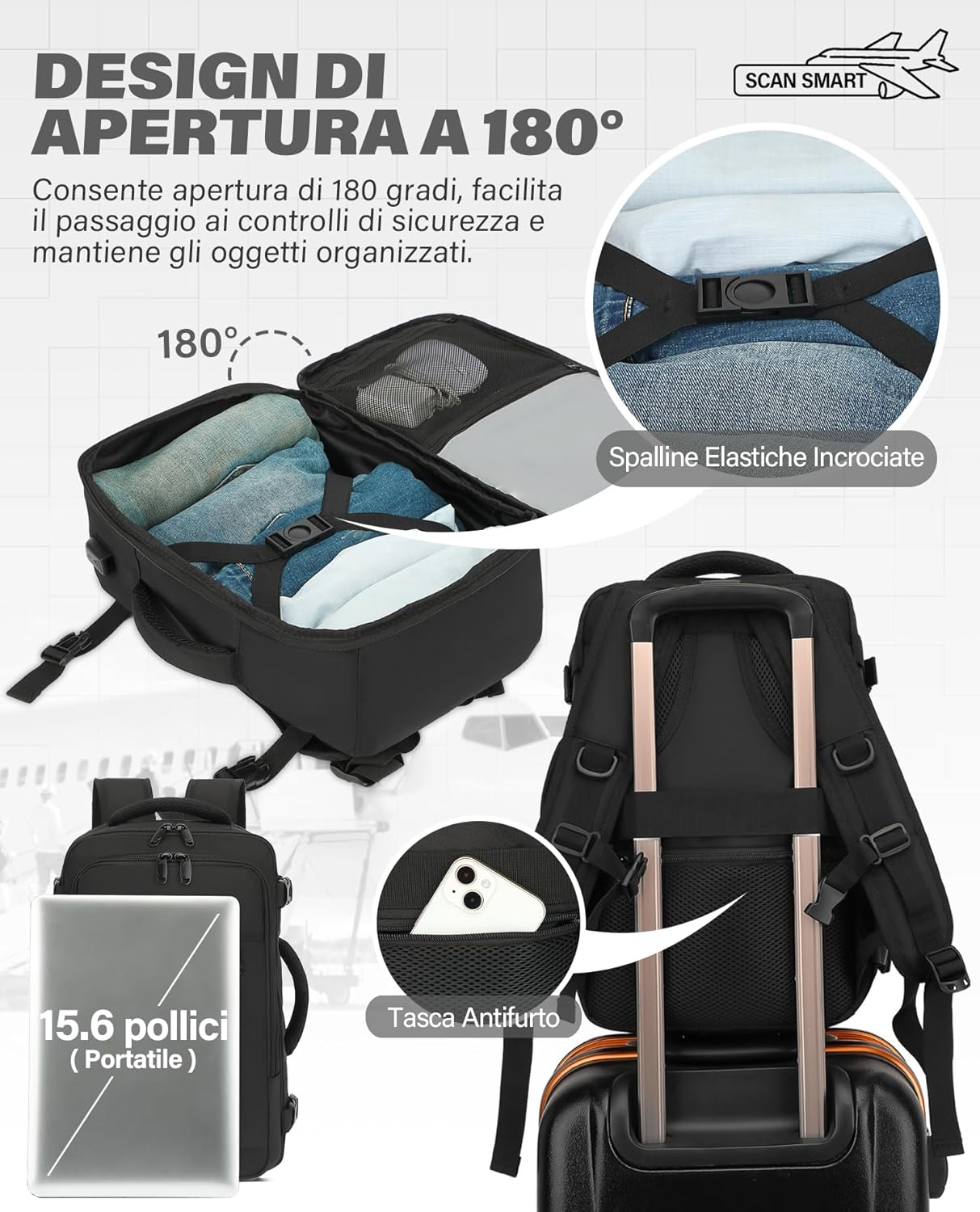 Detalle de Zaino VANKEV Easyjet 45x36x20 da viaggio aereo 30L con scomparto PC fino a 15,6