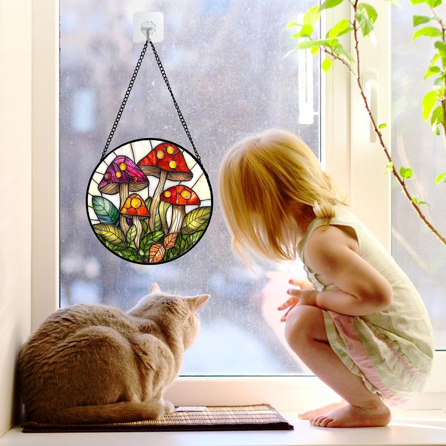 Thumbnail 2 de DASTOLL Mushroom Leaves Window Suncatcher, 6.3-Inch Red and White Glass Decor