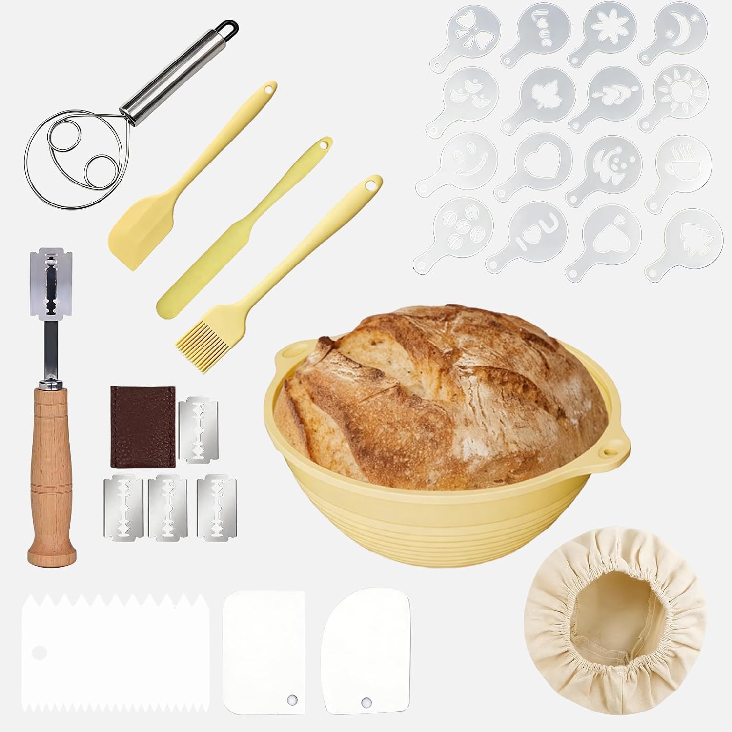 Gärkorb Brot Set – Rund 23 cm Silikon-Gärkorb, Teigmischer, Teigschaber, Brotmesser und Schablonen