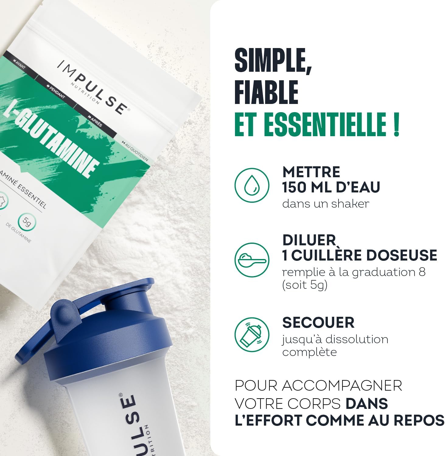 Detalle de Impulse Nutrition – L-Glutamine Kyowa® 100% Pure & Végétale – Poudre sans goût, 150 g, Fabriqué en France