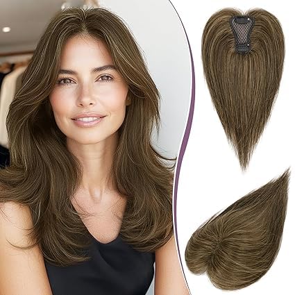 RUWISS topper de cabello humano mujer con clips, sin flequillo, castaño con reflejos rubios
