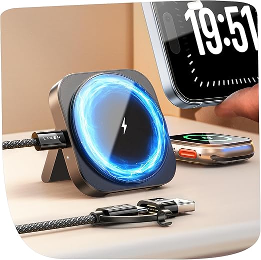 Detalle de LISEN Mini Cargador 3 en 1 Inalámbrico para iPhone y Apple Watch