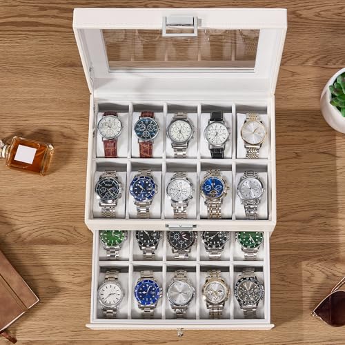 Detalle 2 de BEWISHOME Boite à Montre Organisateur 20 Emplacements – Blanc
