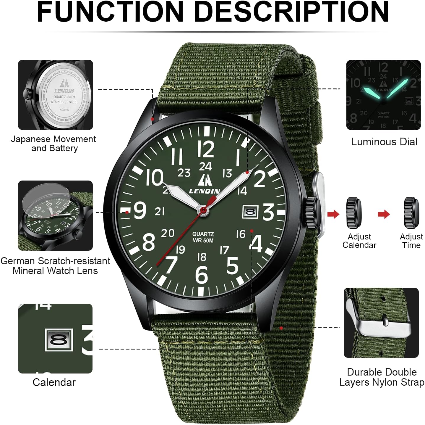 Thumbnail 6 de LN LENQIN Men’s Military Analog Quartz Watch with Date & Nylon Strap (Waterproof to 3 ATM)