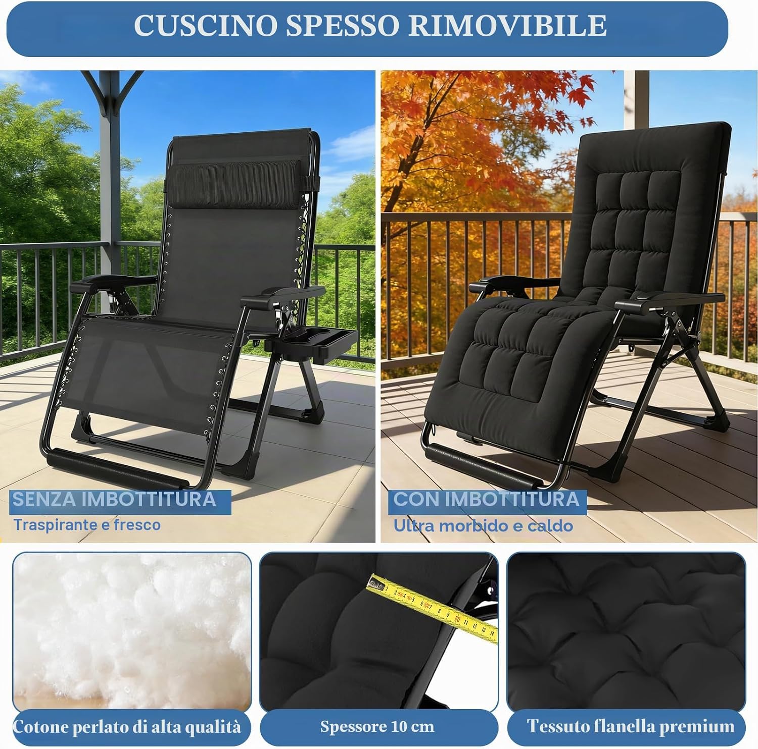 Detalle de Fiutazge Sedia Zero Gravity 65 cm: Lettino Prendisole Pieghevole con Cuscino, Regolabile e Portabevande