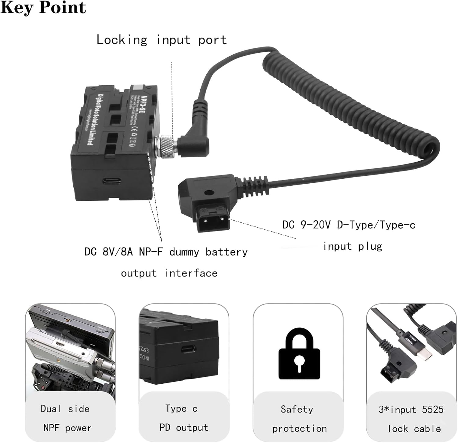 Detalle de NPF3-SE NP-F Dummy Battery with USB-C and D-Tap Input | 5525 Cable Compatibility for LED Lights and Monitors