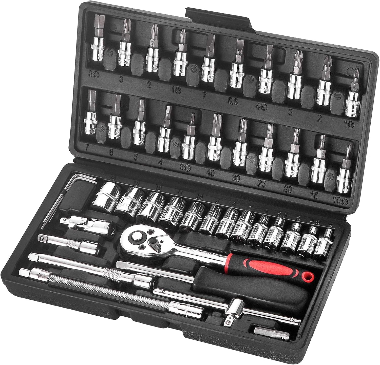 Wopeite 46 pezzi Set chiavi a bussola con cricchetto 1/4" in acciaio cromovanadio Cr-V