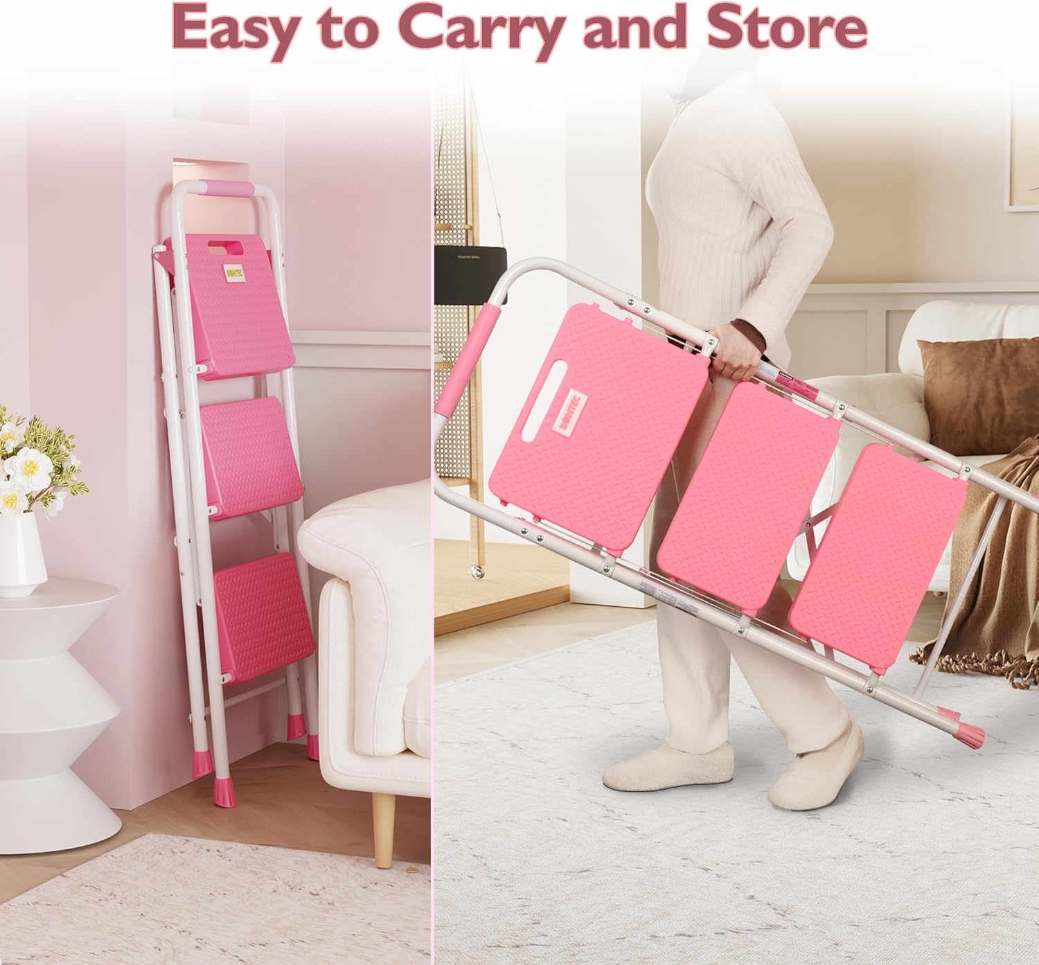 Thumbnail 6 de BONTEC Klappbare Trittleiter mit 3 Stufen (150 kg) – kompakt faltbar, rutschfeste Pedale in Rosa