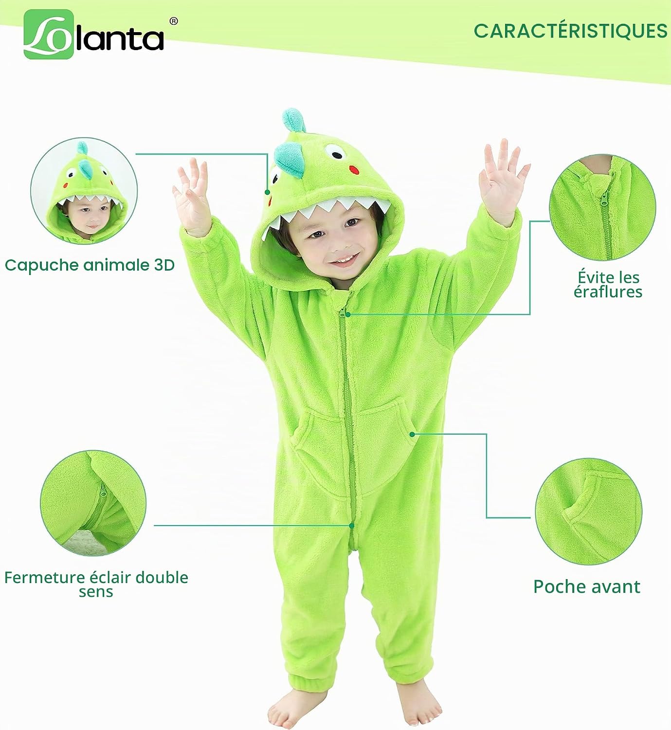 Detalle de LOLANTA dinosaurusonesie voor kinderen met capuchon, staart en tweewegrits