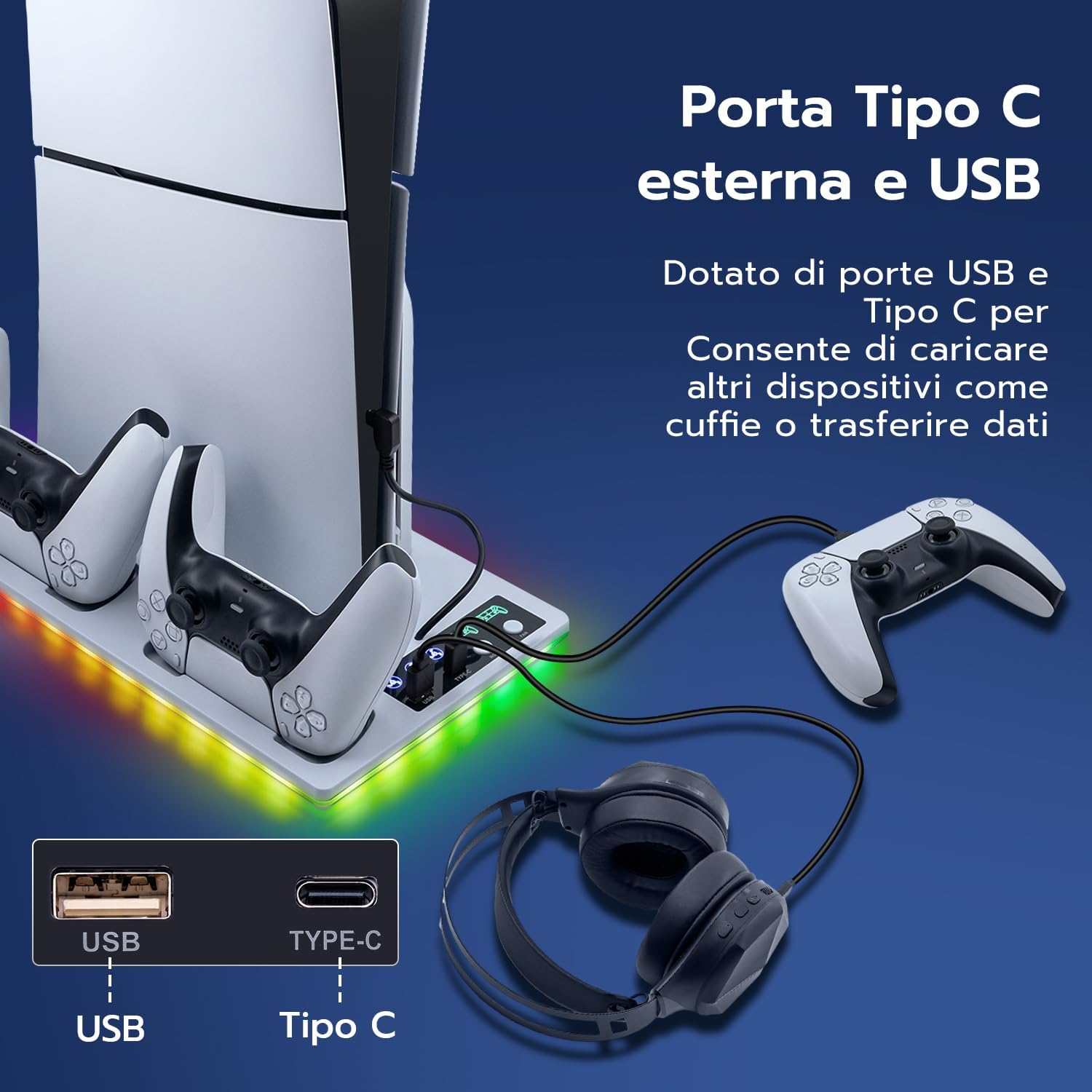 Detalle 2 de Tolesum supporto verticale con raffreddamento e ricarica per PS5/PS5 Pro/PS5 Slim con doppio controller, ventola 3 velocità e RGB