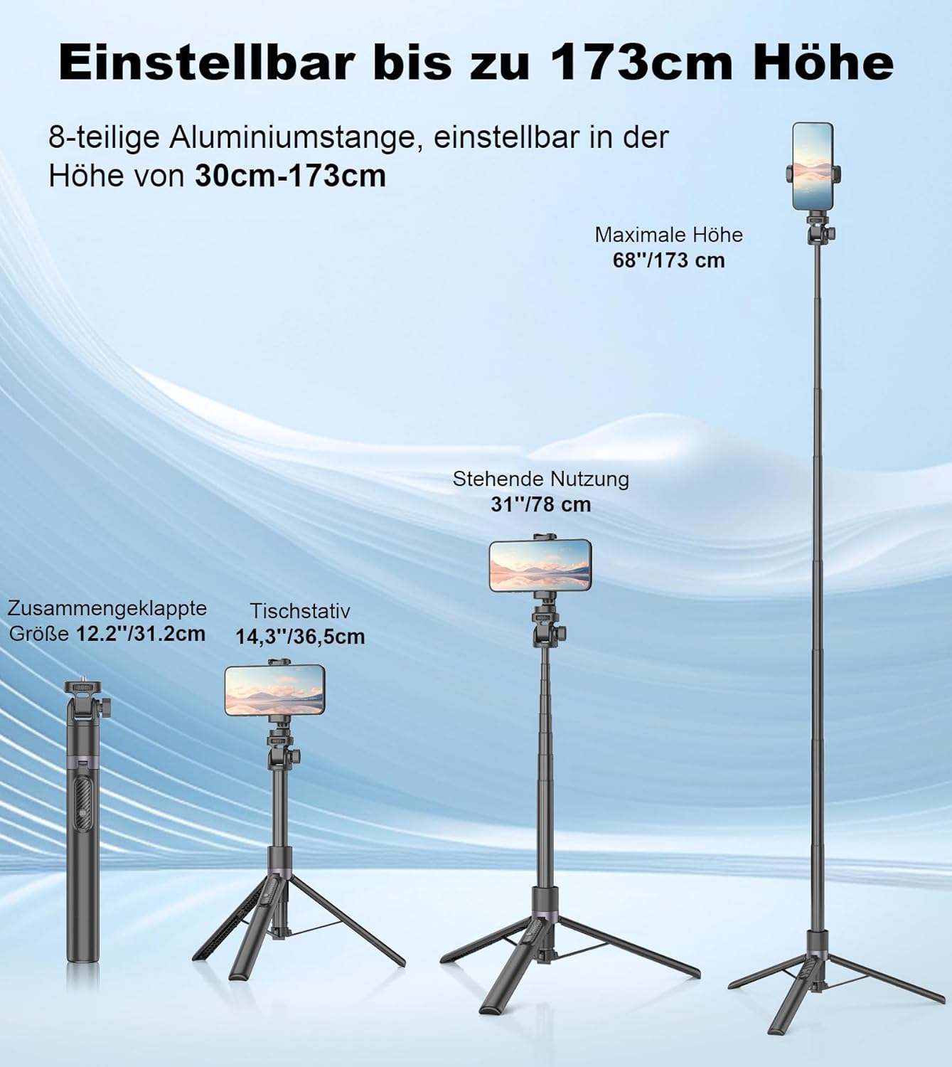 Thumbnail 4 de Gahenwo 173cm Selfie Stick Stativ – All-in-One Stativ mit Fernbedienung für Smartphone und Action-Kamera