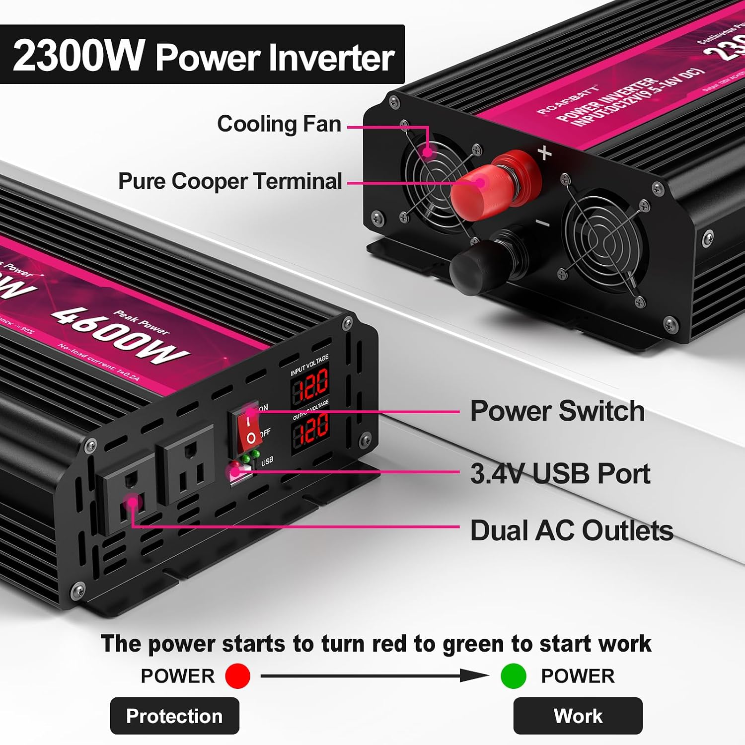Detalle de ROARBATT 2300W Power Inverter, 12V DC to 120V AC Pure Sine Wave
