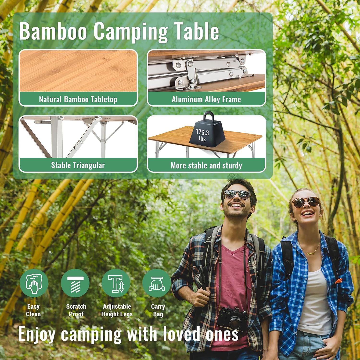 Detalle de KingCamp KC2006_YELLOW Bamboo Folding Camping Table, 4-Fold, 3 Heights