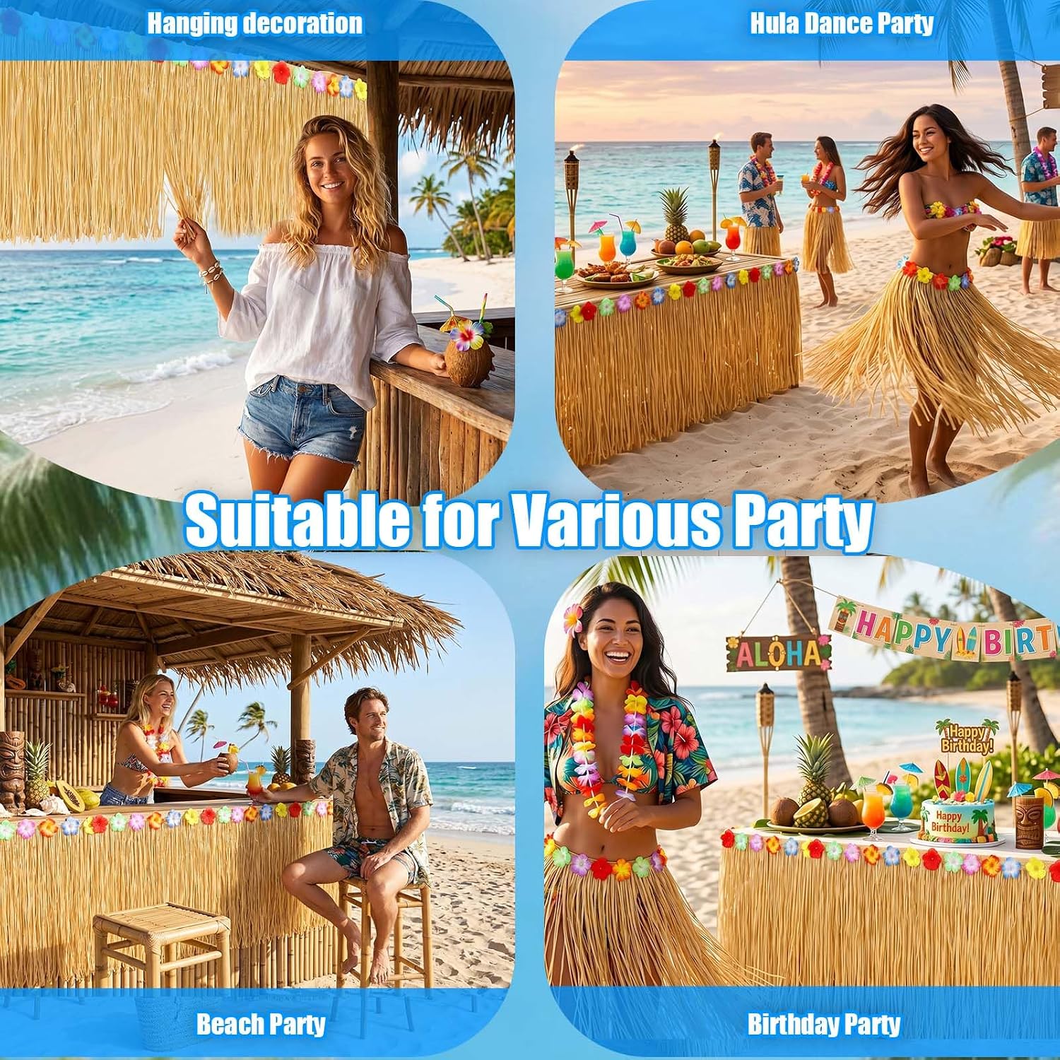 Thumbnail 6 de Bszatan 4 Pack Luau Grass Table Skirt – Natural 275x75cm Tropical Party Decor