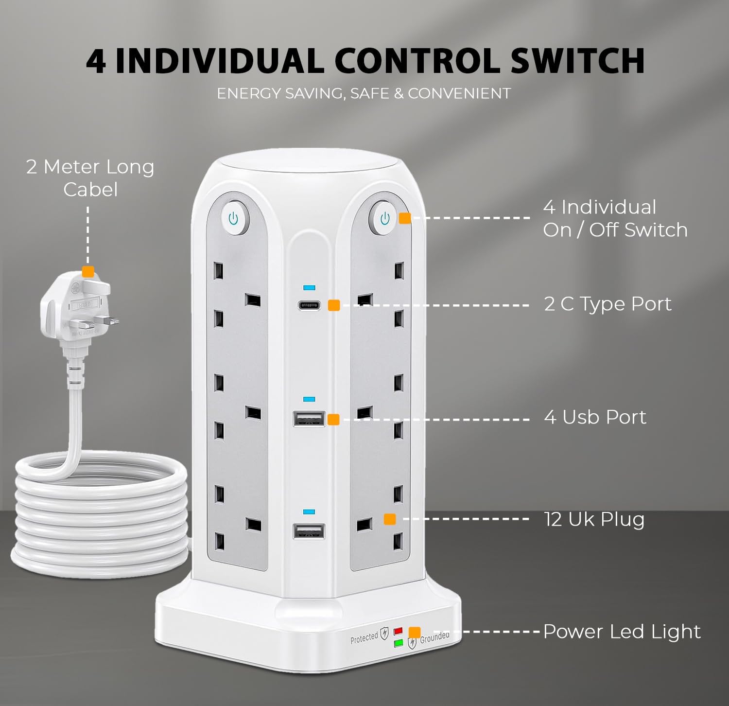 Detalle de Wolf Power Tower Extension Lead 12-socket, 2m 🔌