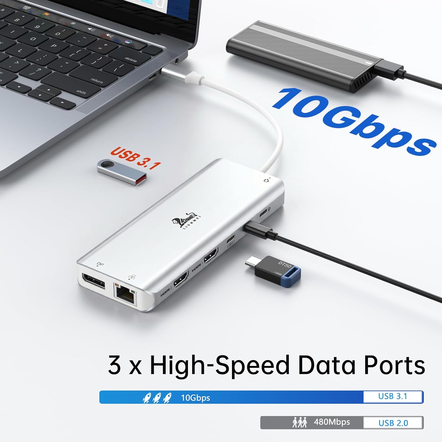 Thumbnail 5 de USB C Docking Station Dual Monitor: 13-in-1 USB-C Hub mit 2 HDMI, DisplayPort, 5 USB-C/A, Ethernet, 100W PD, SD/TF – Silber