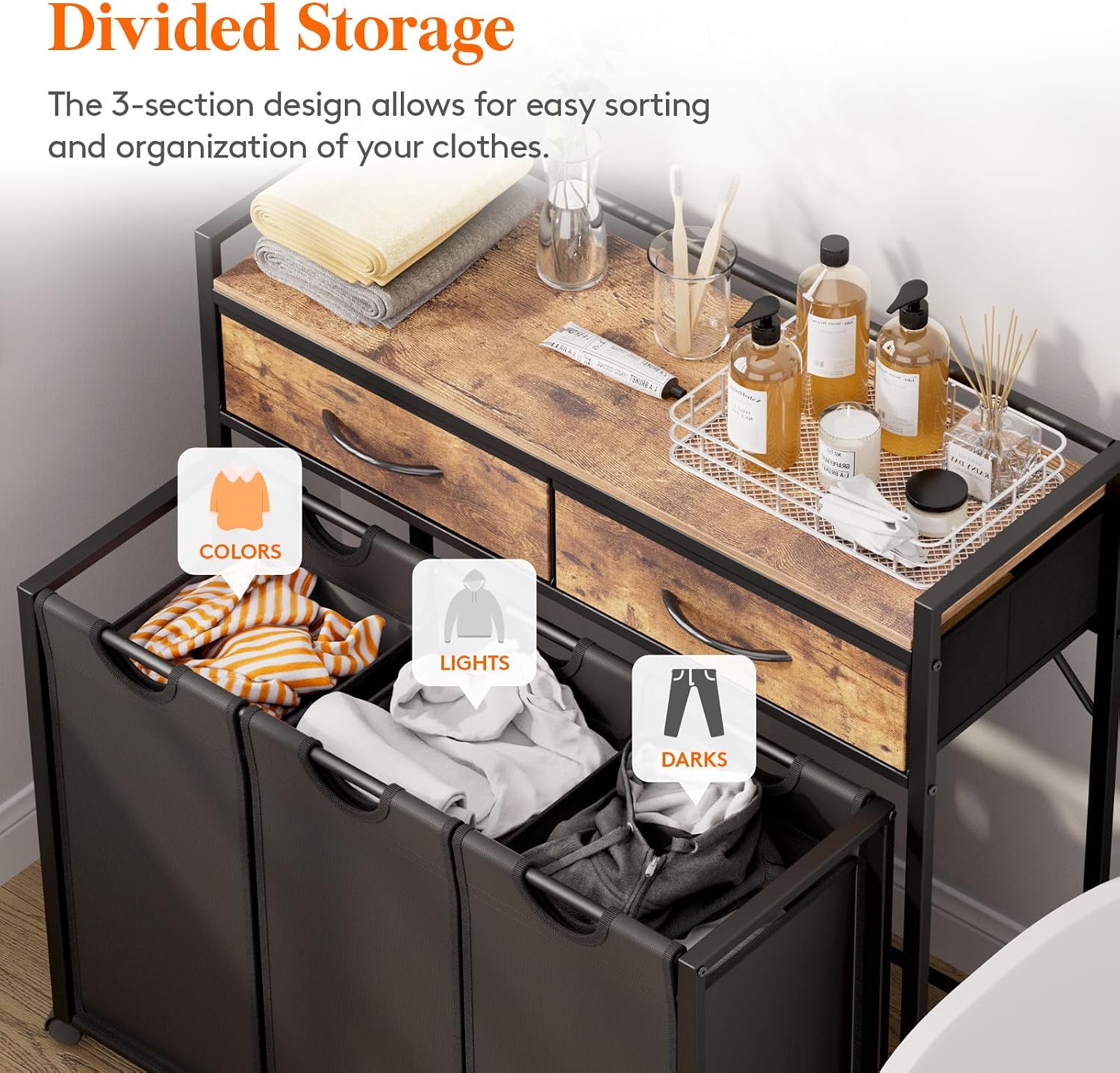 Detalle 1 de Lifewit 24361 3-Section Rolling Laundry Hamper with Shelf and 2 Drawers