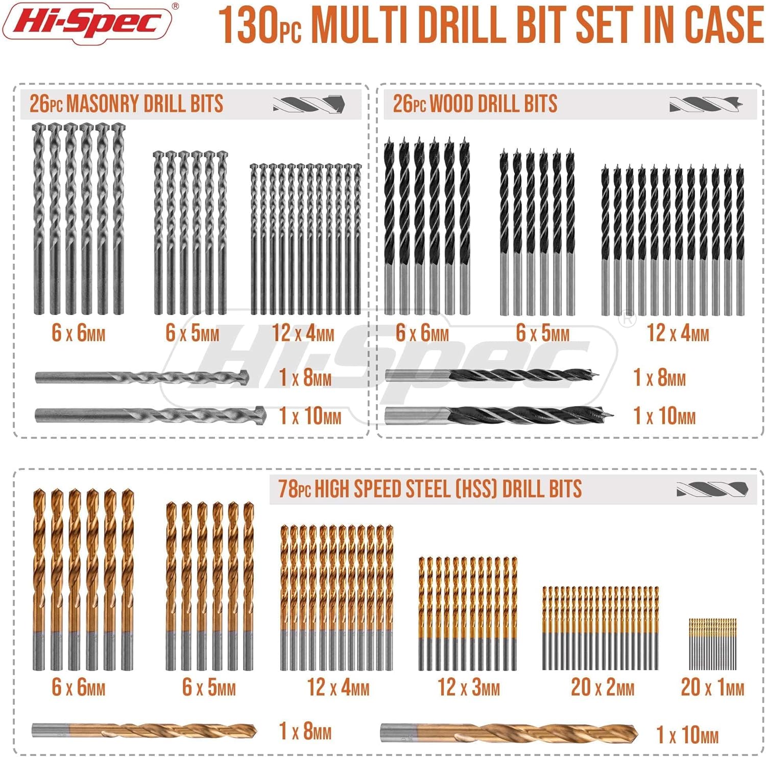 Thumbnail 1 de Hi-Spec Set di punte da trapano in custodia – 130 pezzi HSS titanio rivestito per legno, metallo e muratura