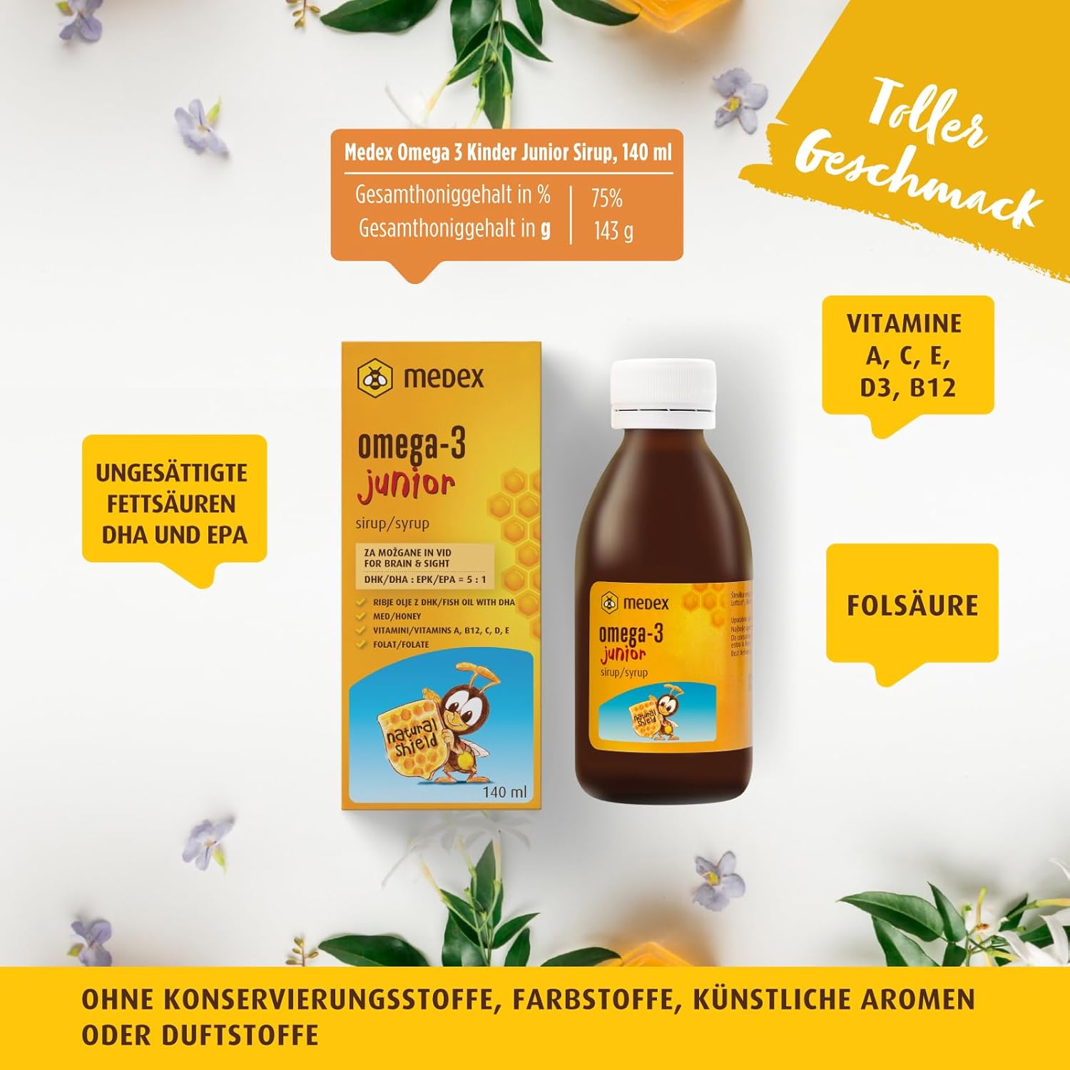 Thumbnail 1 de Medex Omega 3 Kinder Junior Sirup auf Honigbasis – DHA 250 mg, EPA 50 mg, ab 3 Jahren