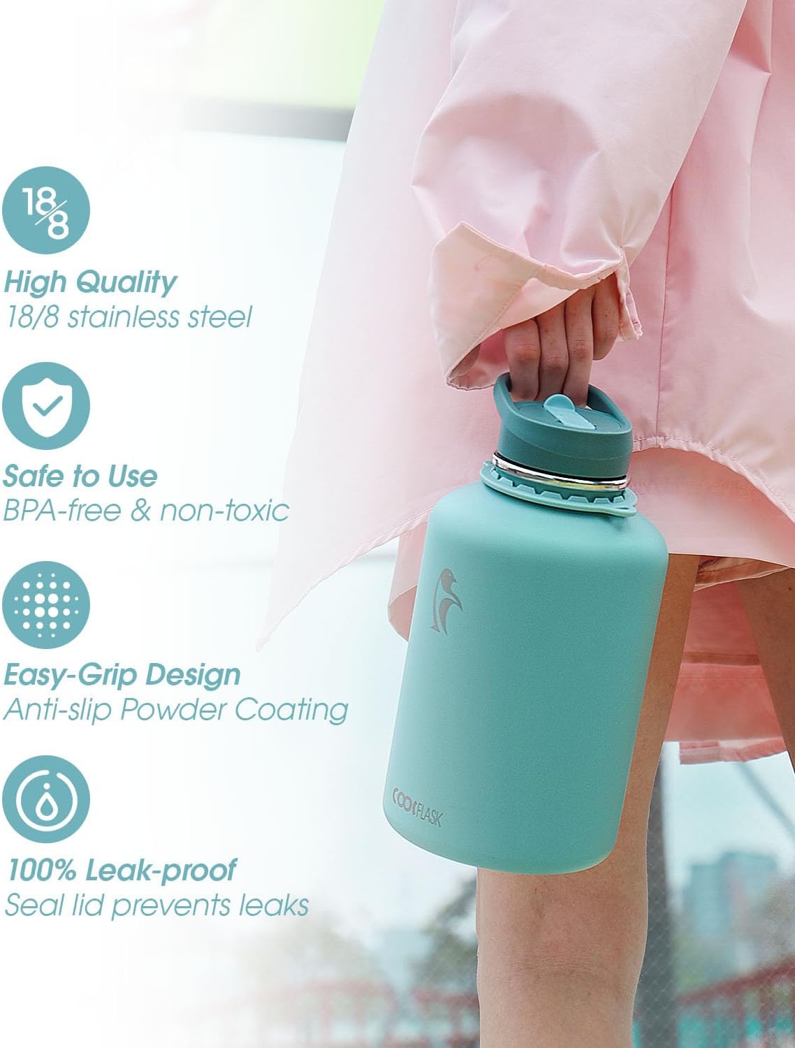Detalle de Coolflask Water Bottle with Cool Strap, 64 oz Insulated Stainless Steel Jug