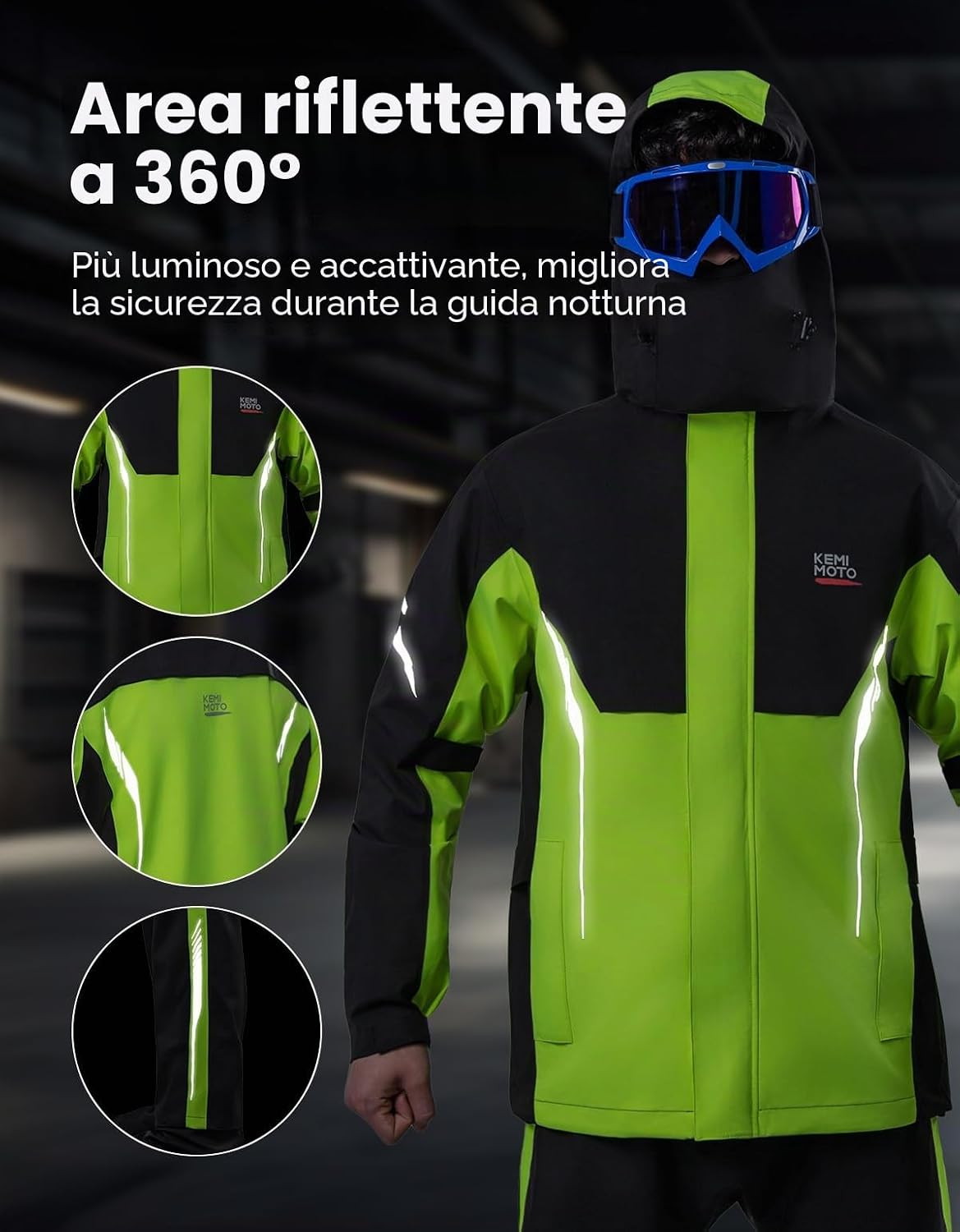 Detalle de KEMIMOTO Tuta Antipioggia Moto Uomo – Impermeabile 20.000 mm, Traspirante e Riflettente con Cappuccio Rimovibile