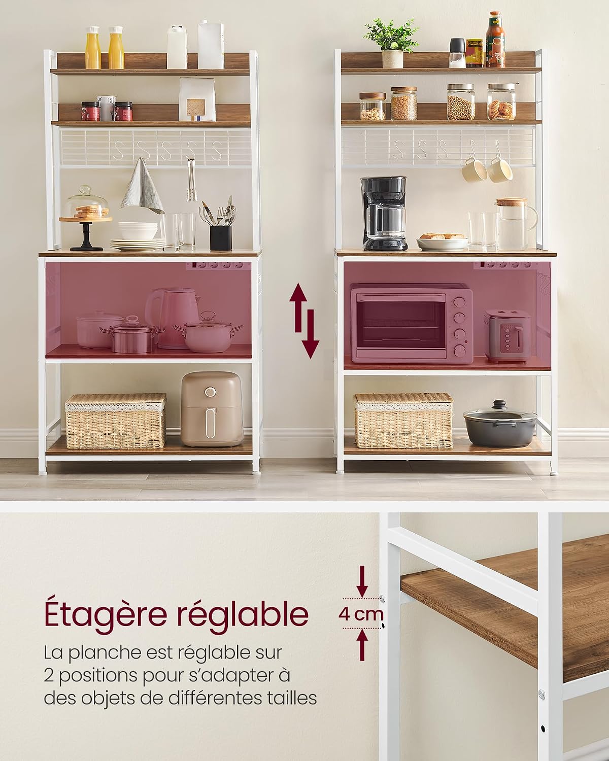 Detalle de VASAGLE KKS025W41EU keukenrek met stekkerdoos, 5 legplanken en 14 haken
