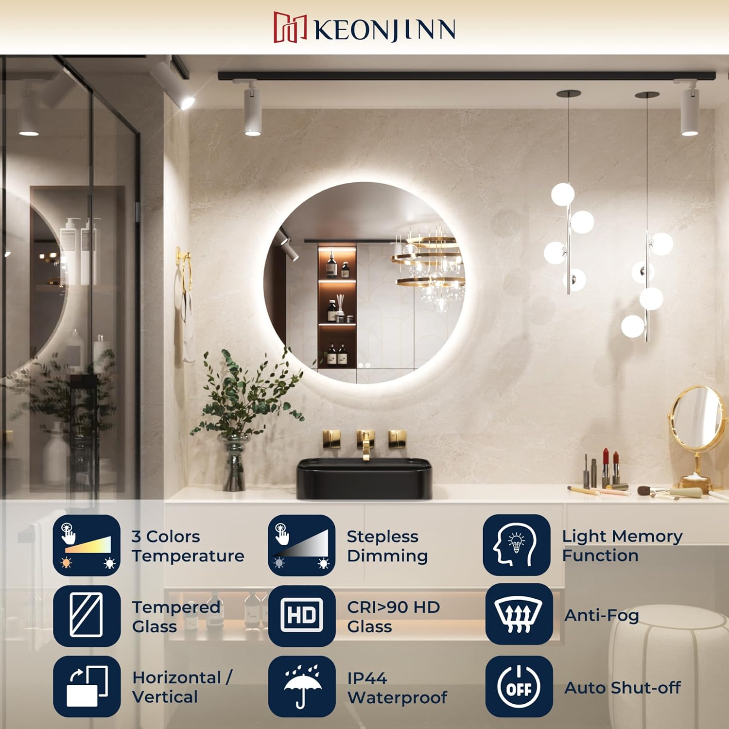 Thumbnail 5 de Keonjinn Badspiegel rund 60 cm mit Beleuchtung, Anti-Beschlag & Touch-Dimmer