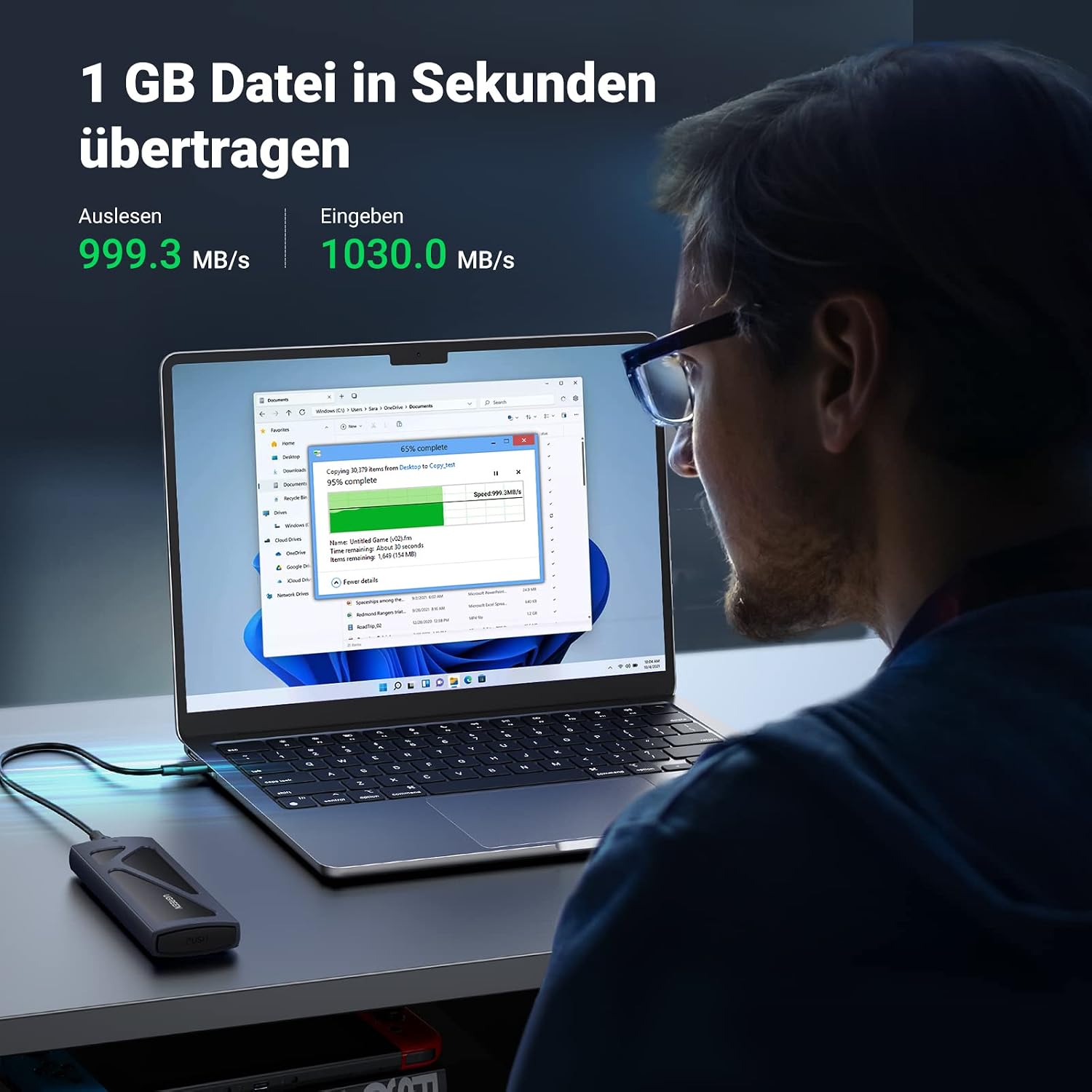 Thumbnail 1 de UGREEN NVMe M.2 USB 3.2 Gehäuse-Adapter mit Kühlkissen – 10 Gbps, M.2 NVMe Docking Station 2230–2280