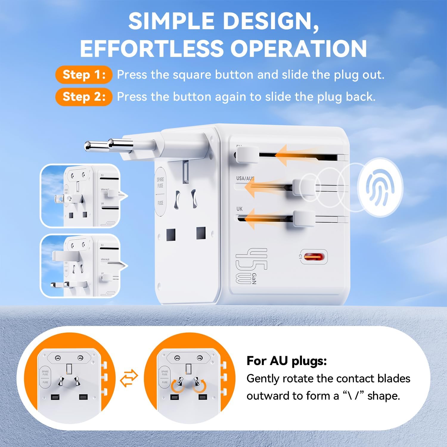 Thumbnail 4 de Auxmir Weltweit Reiseadapter: 45W PD Schnellladen mit 2 USB-A, 3 USB-C und 3 AC-Steckdosen