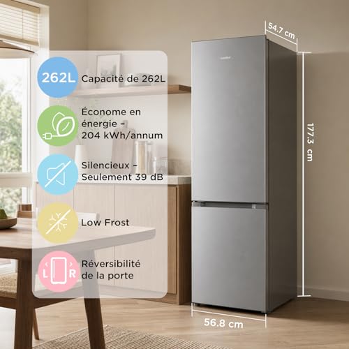 Detalle de Comfee' 262L – Réfrigérateur-congélateur 197L+65L en Acier Inoxydable, silence et rangement optimisé