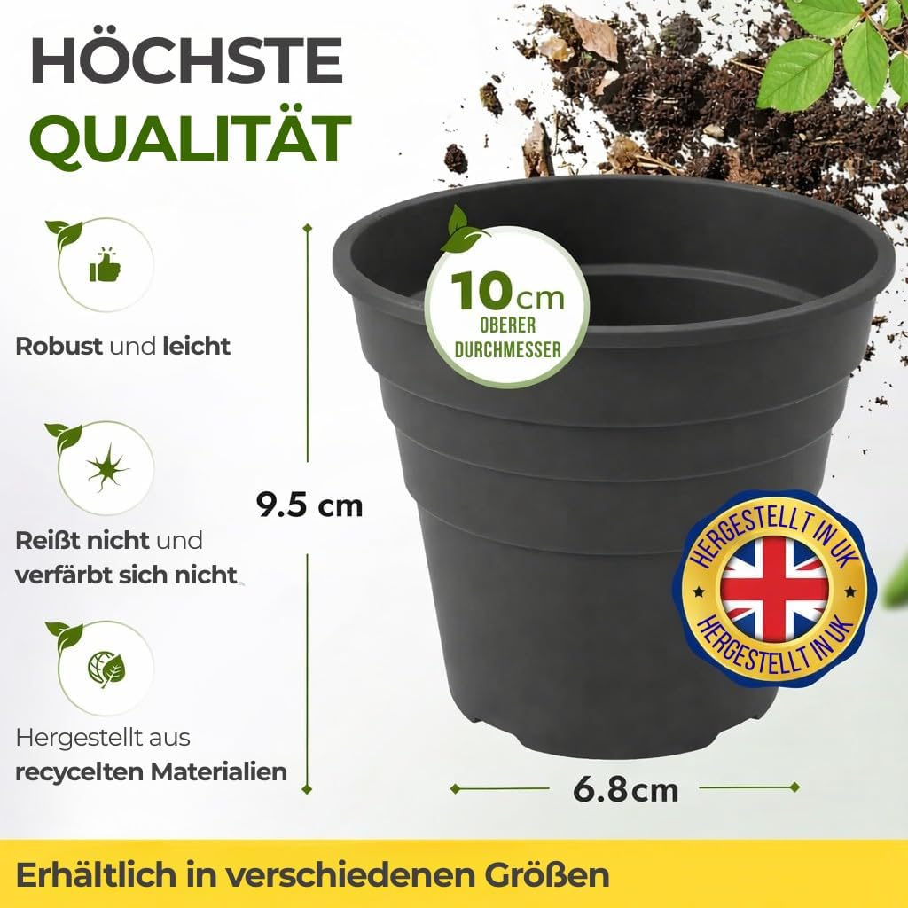 Detalle de Happy Pots pot de fleurs en plastique 10 cm – lot de 5 – avec trous de drainage (noir, fabriqué au Royaume-Uni)