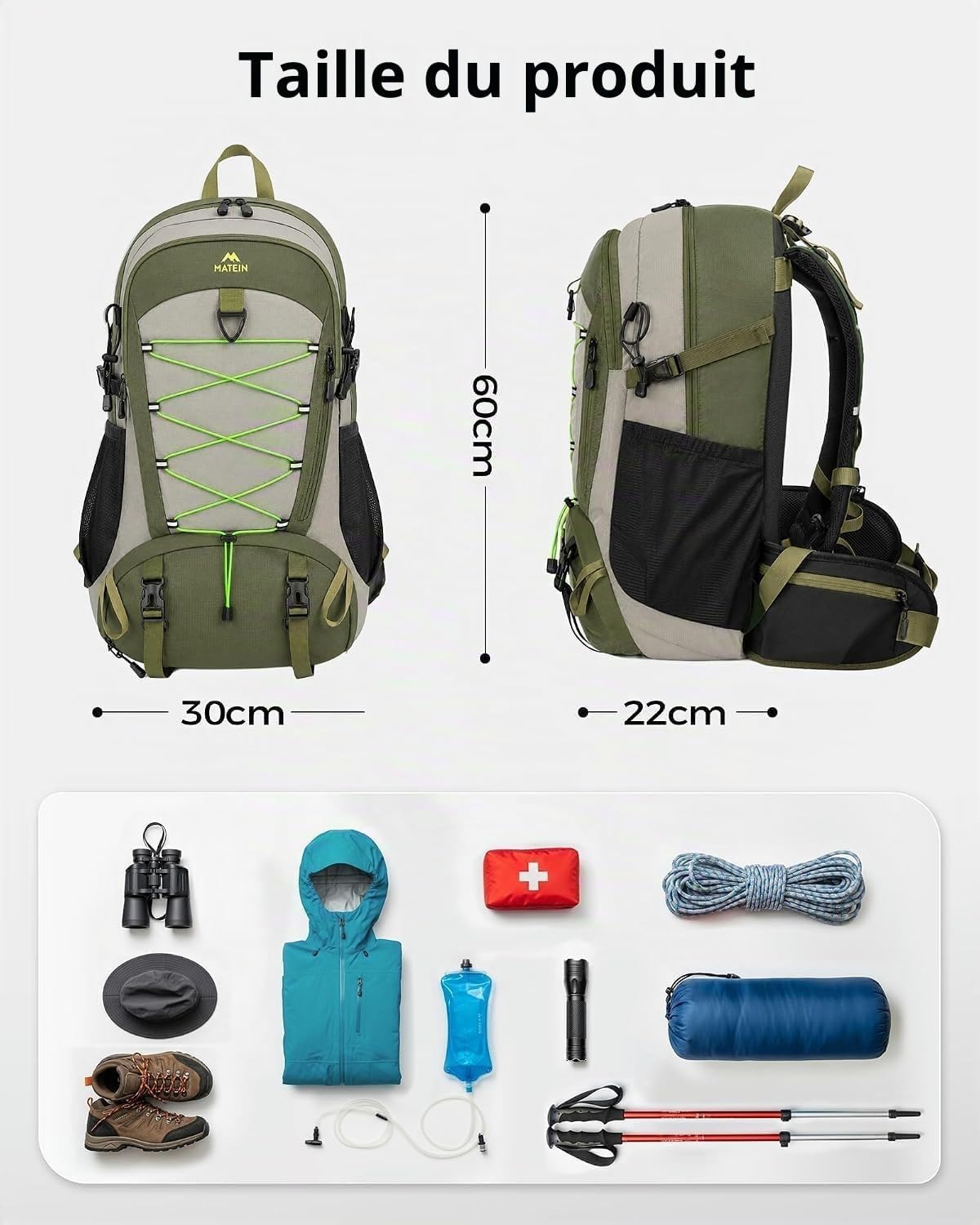 Detalle de MATEIN 40 liter trekkingrugzak in legergroen met schoenenvak en regenhoes