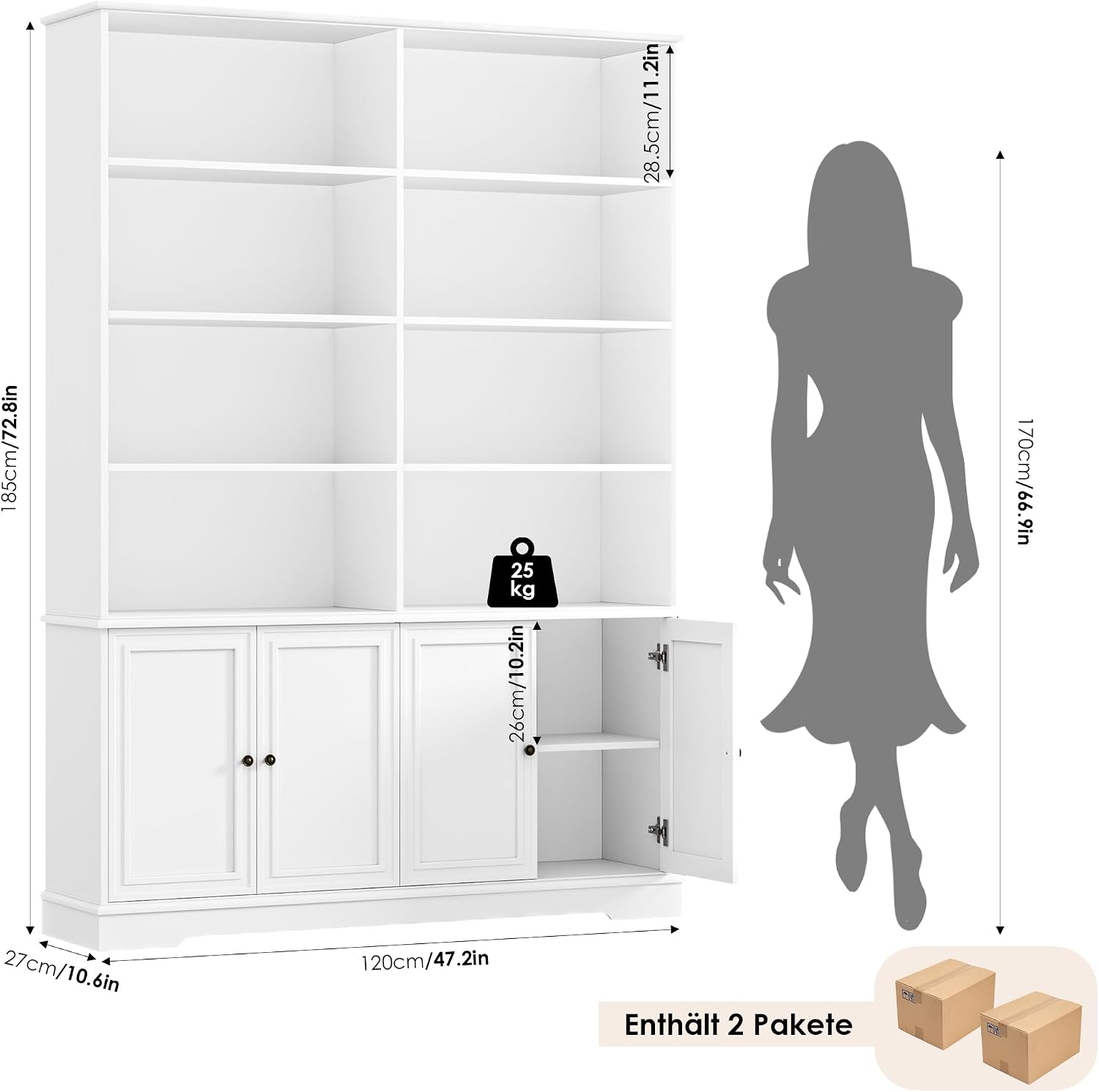 Detalle de FirFurd P506 Bookcase with 4 Doors, 12 Shelves and White Finish