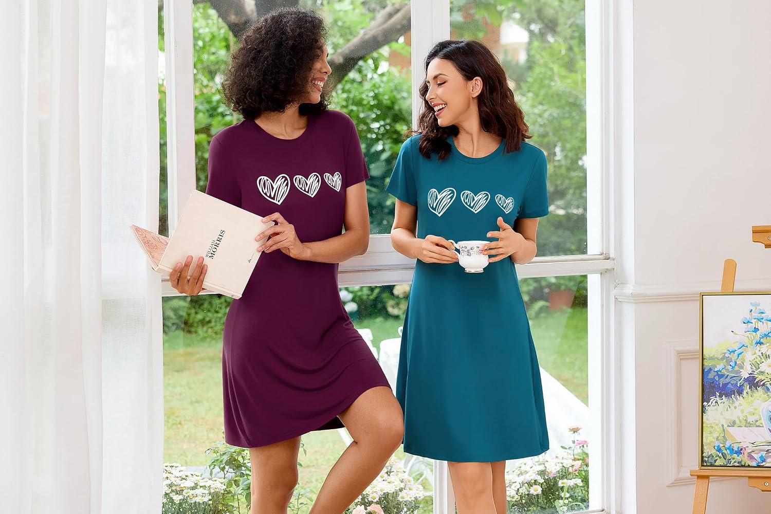 Thumbnail 3 de Marvmys chemise de nuit femme en coton à manches courtes, imprimé cœur (lot deux pièces) S à 4XL